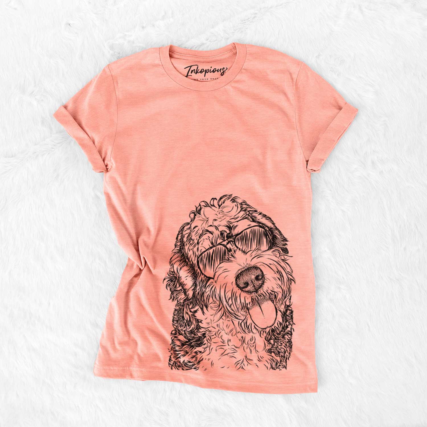 Hand-drawn sketch of Kaci the Bernedoodle wearing aviator sunglasses on a Sunset Bella Canvas Unisex Crewneck