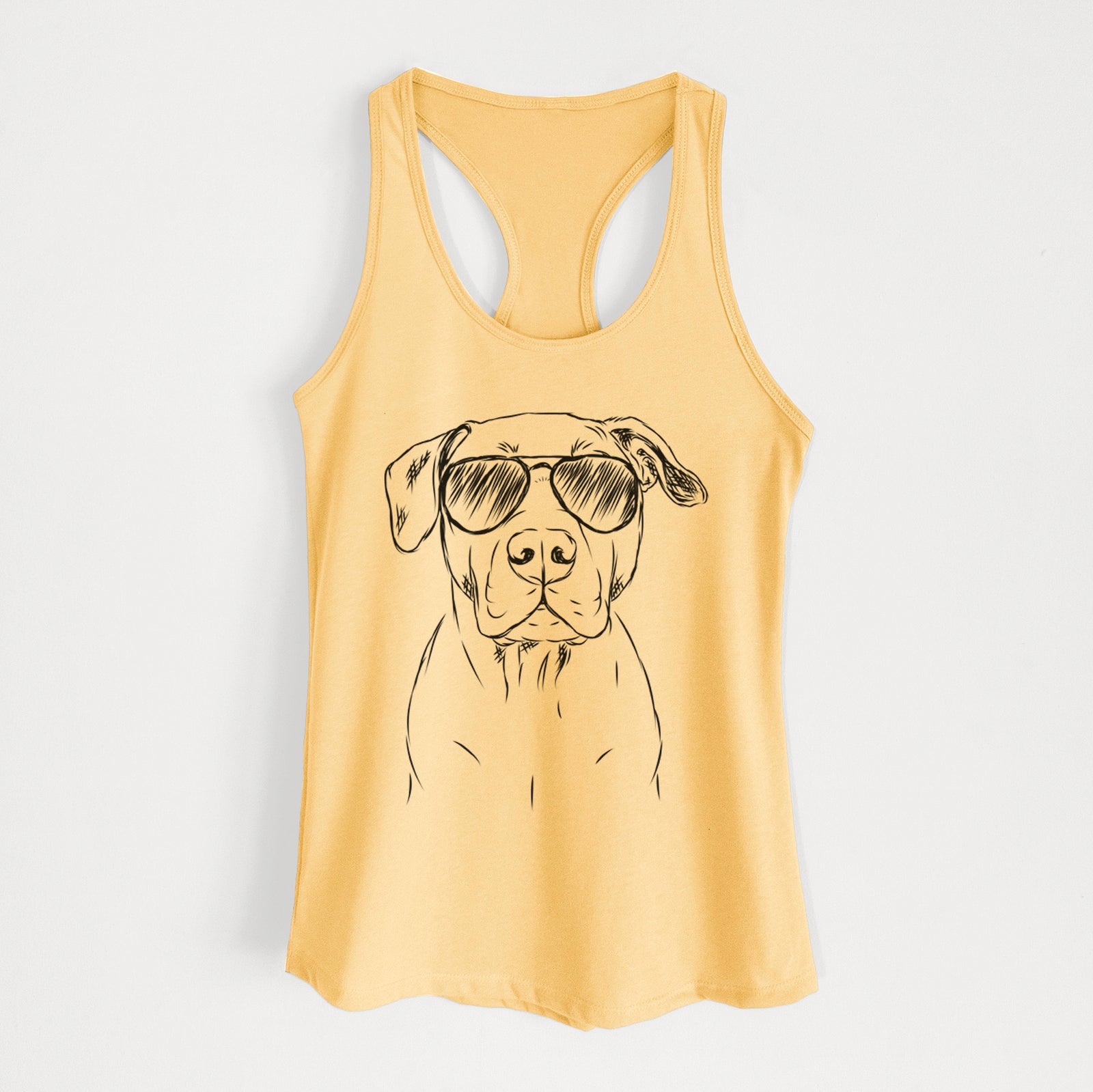 Hand-drawn sketch of Kadin the Pitbull wearing aviator sunglasses on a Banana Cream Women's racerback tanktop