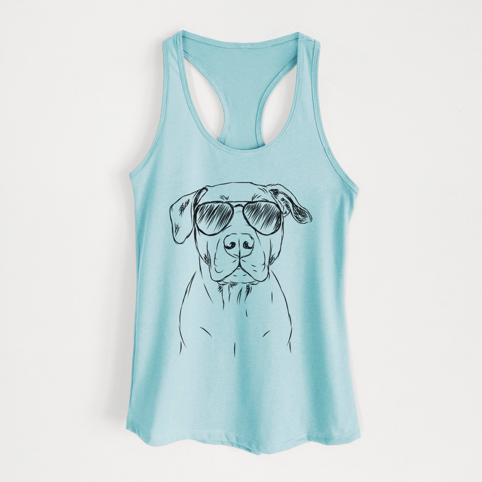 Hand-drawn sketch of Kadin the Pitbull wearing aviator sunglasses on a Cancun Blue Women's racerback tanktop