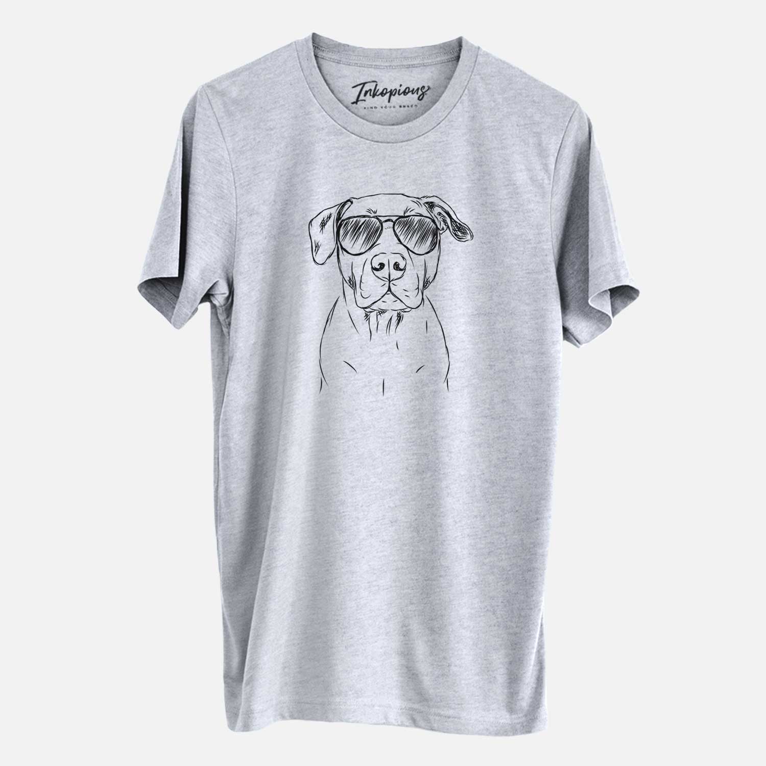 Hand-drawn sketch of Kadin the Pitbull wearing aviator sunglasses on a Grey Unisex crewneck