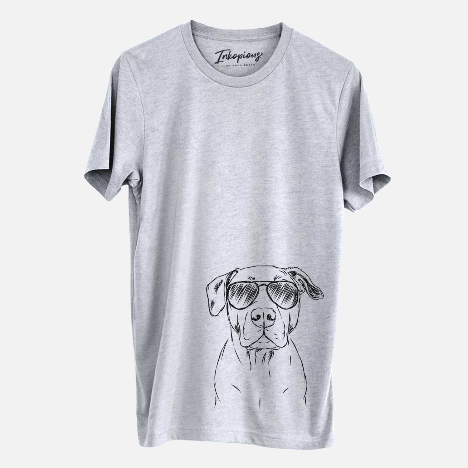 Hand-drawn sketch of Kadin the Pitbull wearing aviator sunglasses on a Grey Unisex crewneck