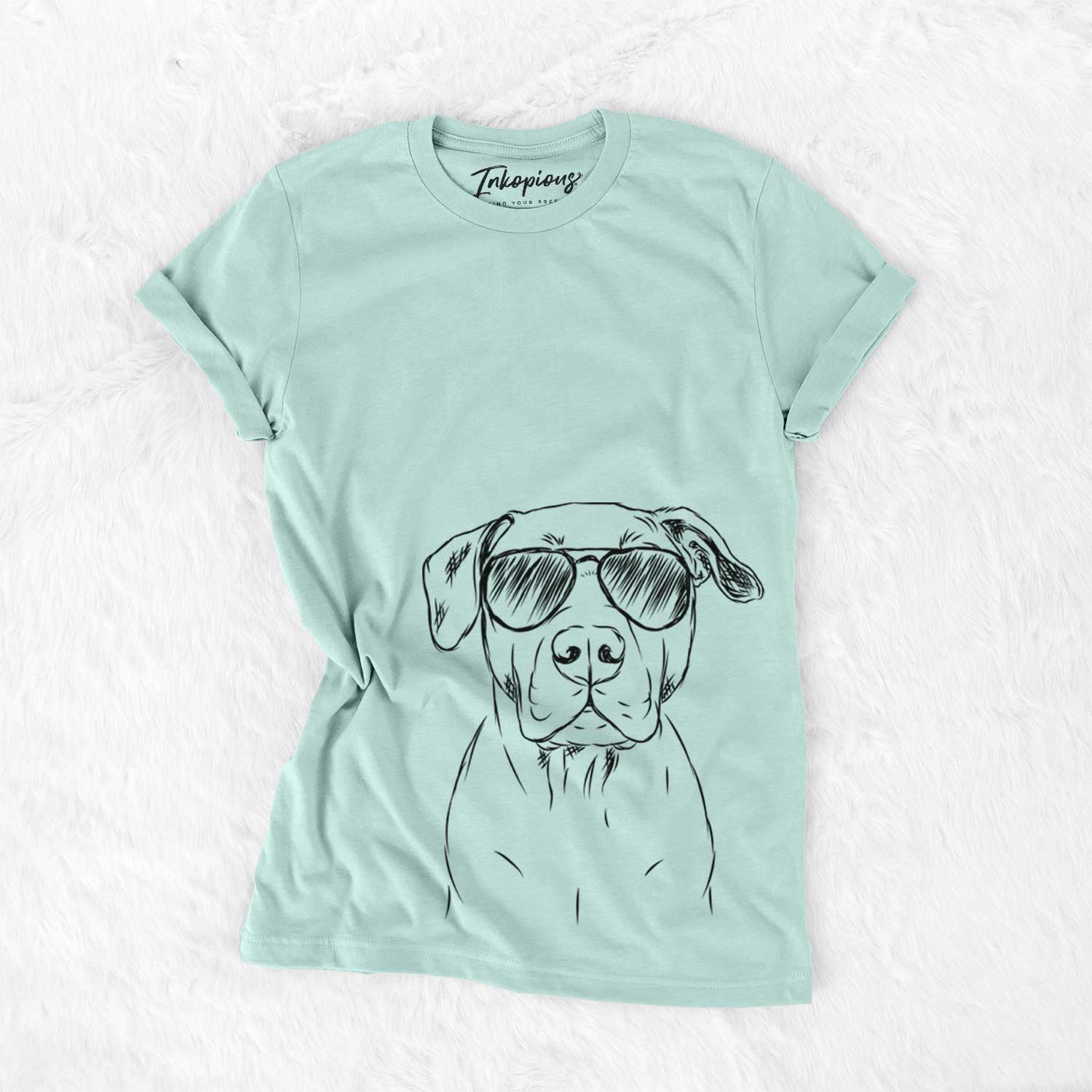 Hand-drawn sketch of Kadin the Pitbull wearing aviator sunglasses on a Heather Sage Unisex crewneck
