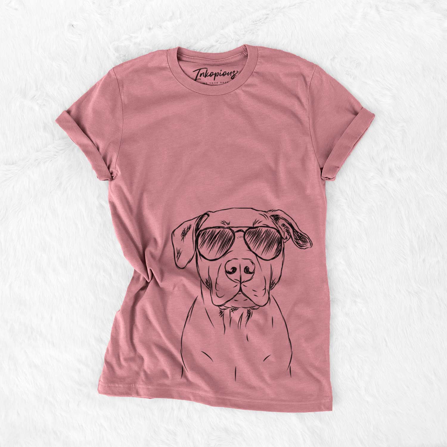 Hand-drawn sketch of Kadin the Pitbull wearing aviator sunglasses on a Mauve Bella Canvas Unisex Crewneck