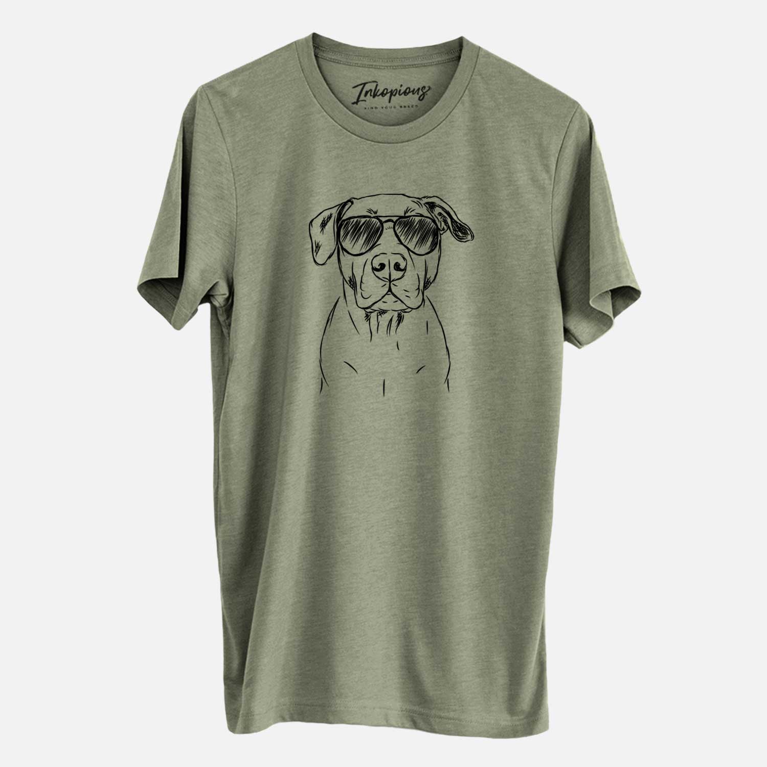 Hand-drawn sketch of Kadin the Pitbull wearing aviator sunglasses on an Olive Unisex crewneck
