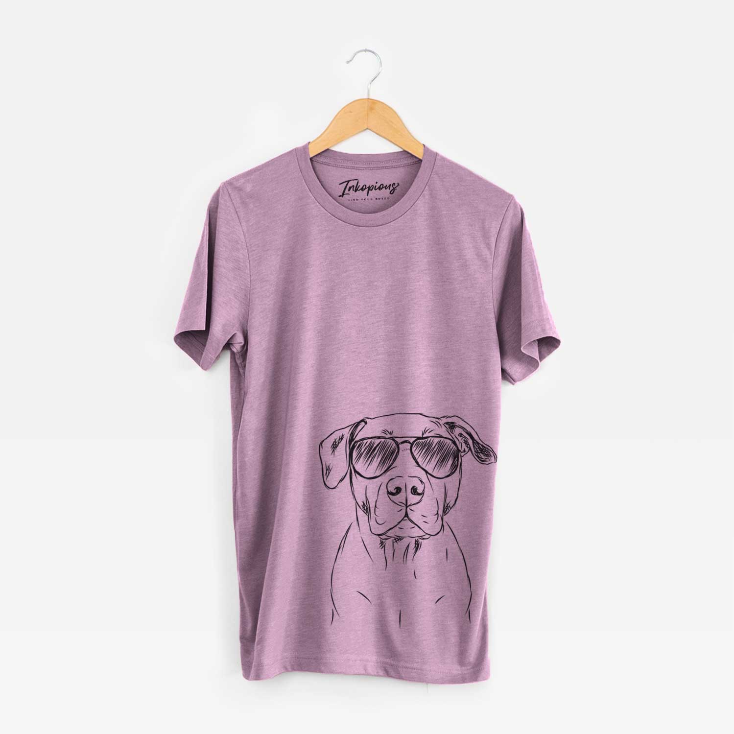 Hand-drawn sketch of Kadin the Pitbull wearing aviator sunglasses on an Orchid Unisex crewneck