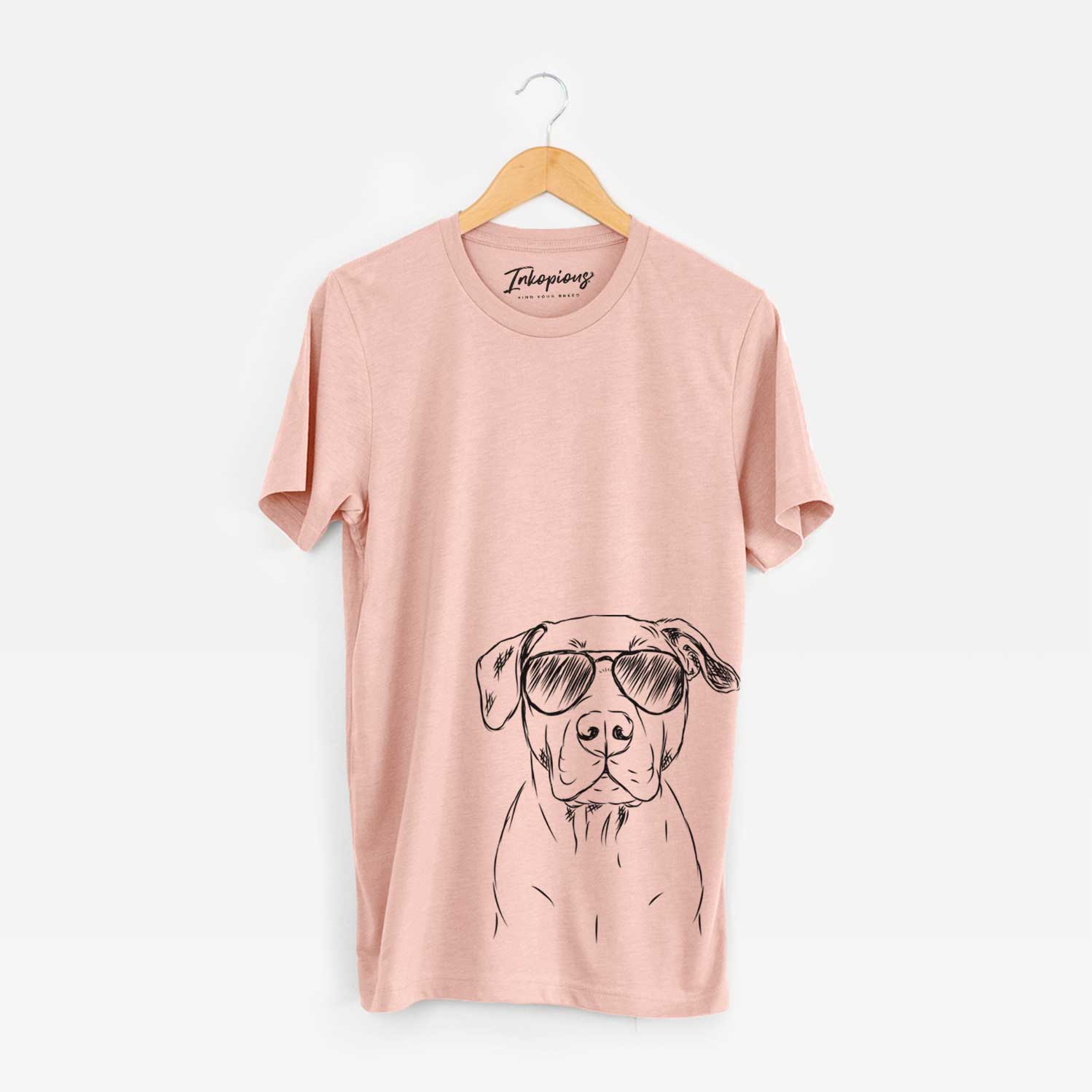 Hand-drawn sketch of Kadin the Pitbull wearing aviator sunglasses on a Peach Bella Canvas Unisex Crewneck