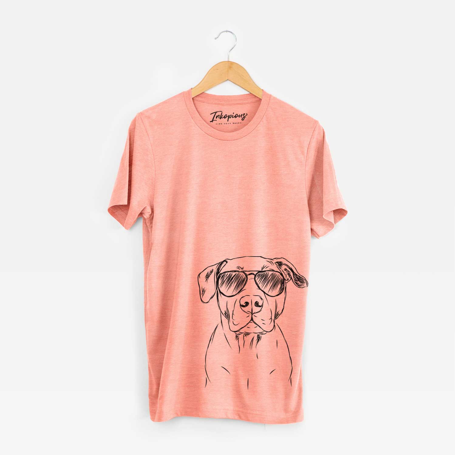 Hand-drawn sketch of Kadin the Pitbull wearing aviator sunglasses on a Sunset Unisex crewneck