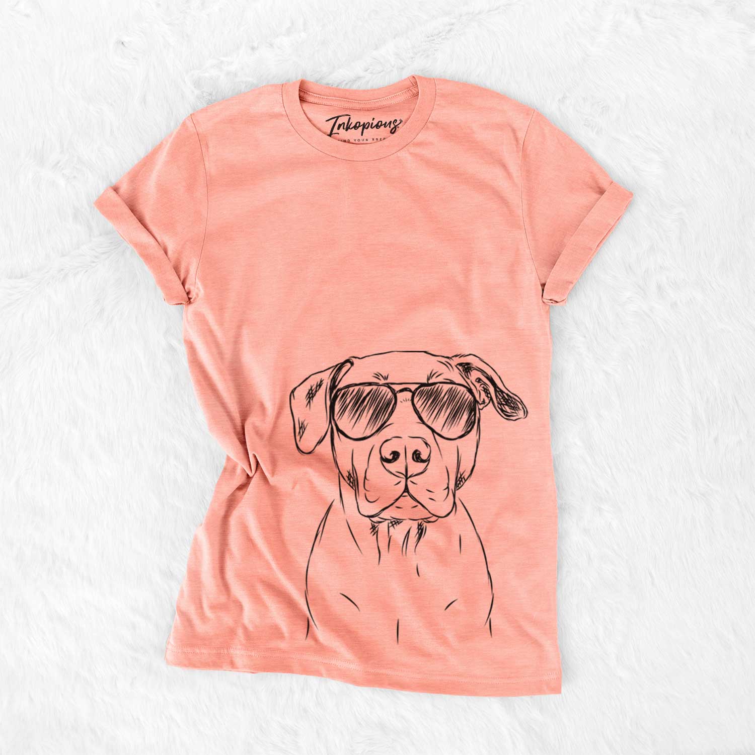 Hand-drawn sketch of Kadin the Pitbull wearing aviator sunglasses on a Sunset Bella Canvas Unisex Crewneck