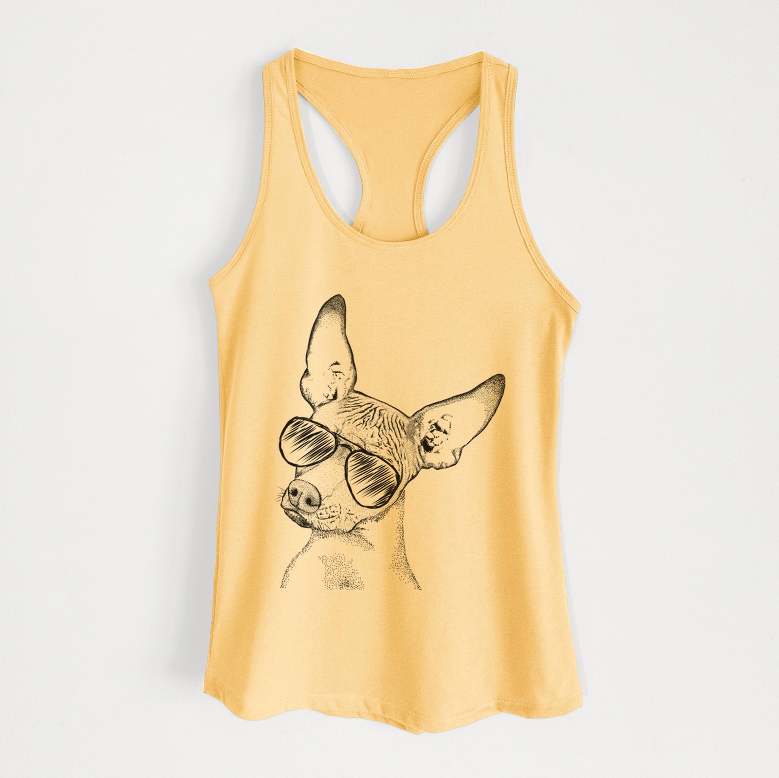 Hand-drawn sketch of Kahlo the Xoloitzcuintli wearing aviator sunglasses on a Banana Cream Women's racerback tanktop