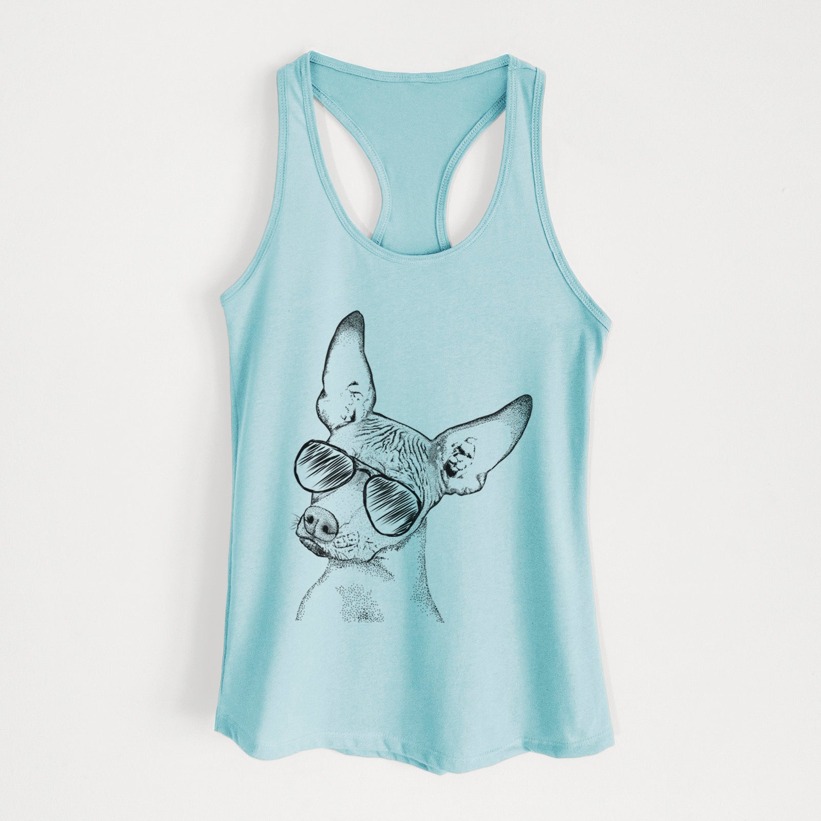 Hand-drawn sketch of Kahlo the Xoloitzcuintli wearing aviator sunglasses on a Cancun Blue Women's racerback tanktop
