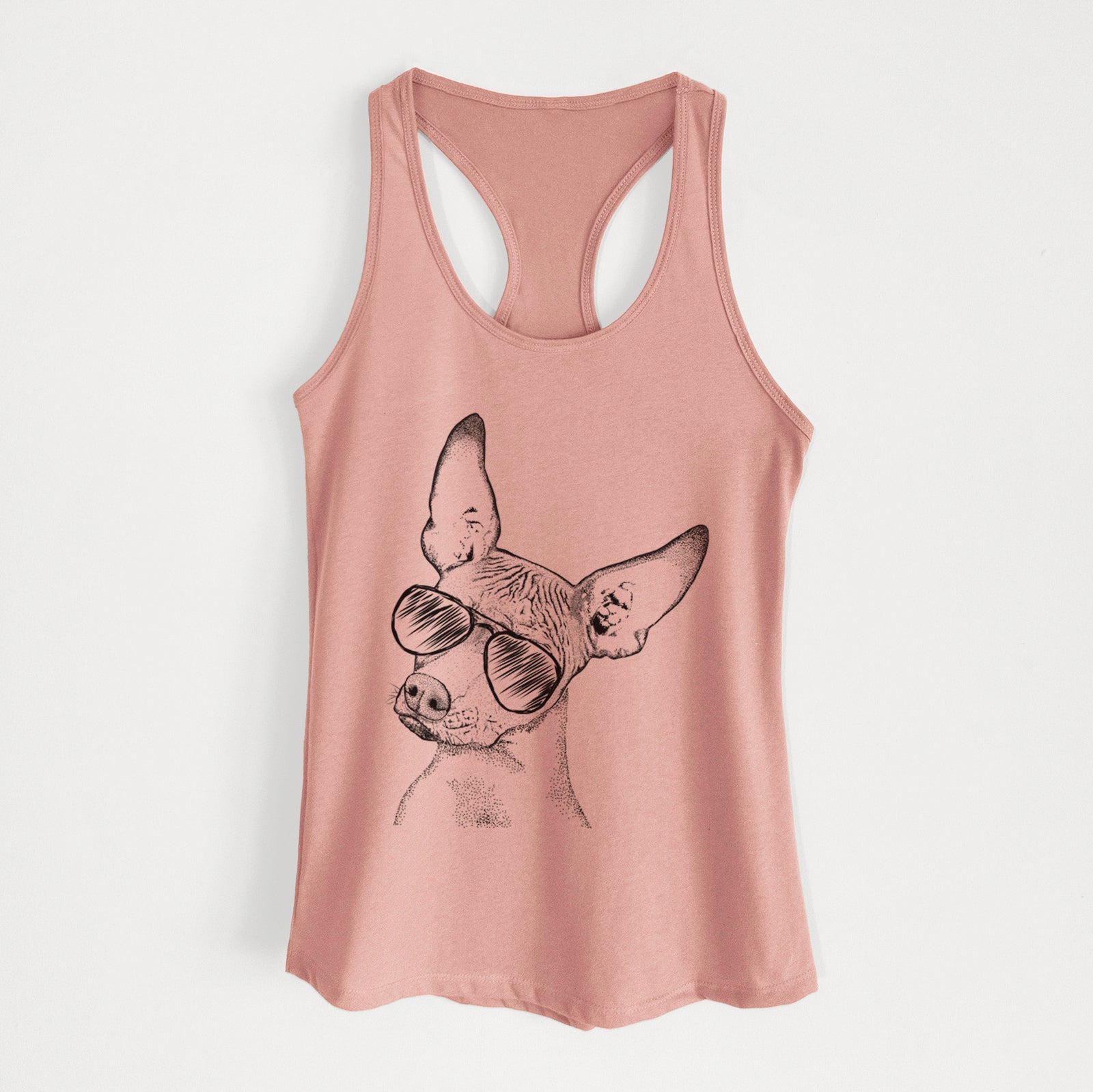 Hand-drawn sketch of Kahlo the Xoloitzcuintli wearing aviator sunglasses on a Desert Pink Women's racerback tanktop