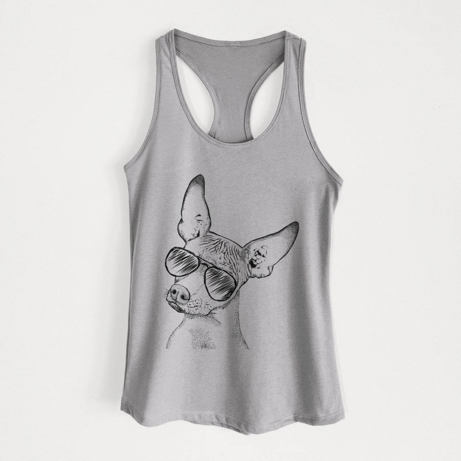 Hand-drawn sketch of Kahlo the Xoloitzcuintli wearing aviator sunglasses on a Heather Grey Women's racerback tanktop
