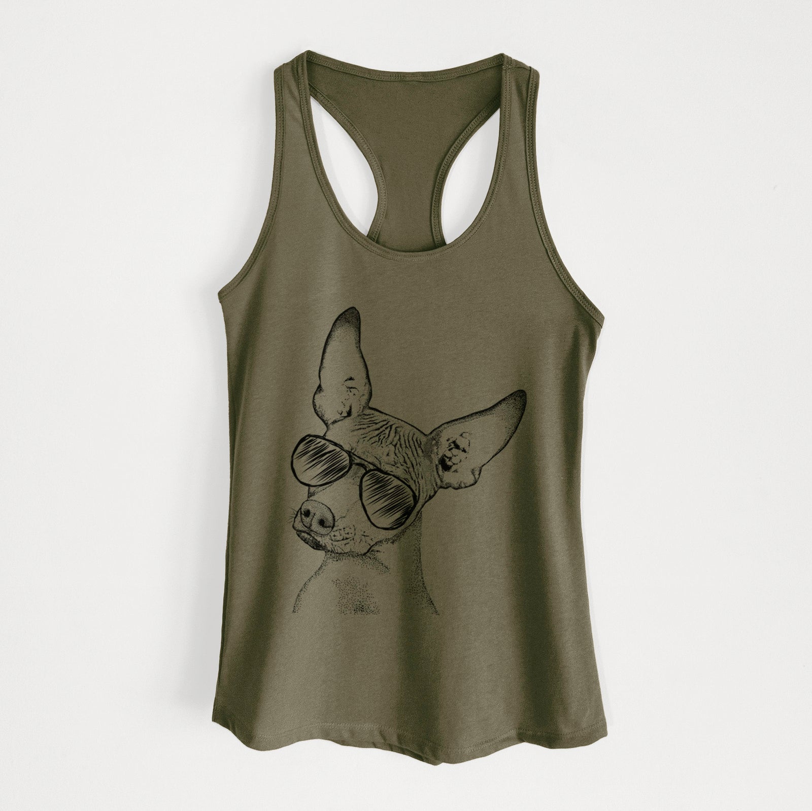 Hand-drawn sketch of Kahlo the Xoloitzcuintli wearing aviator sunglasses on a Military Green Women's racerback tanktop