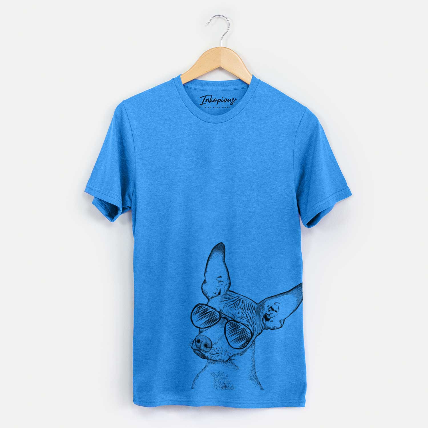 Hand-drawn sketch of Kahlo the Xoloitzcuintli wearing aviator sunglasses on a Blue Unisex crewneck