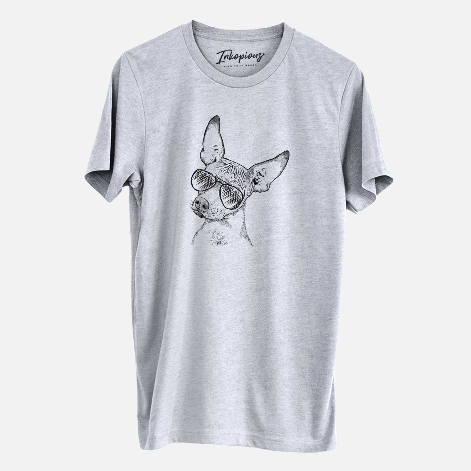 Hand-drawn sketch of Kahlo the Xoloitzcuintli wearing aviator sunglasses on a Grey Unisex crewneck