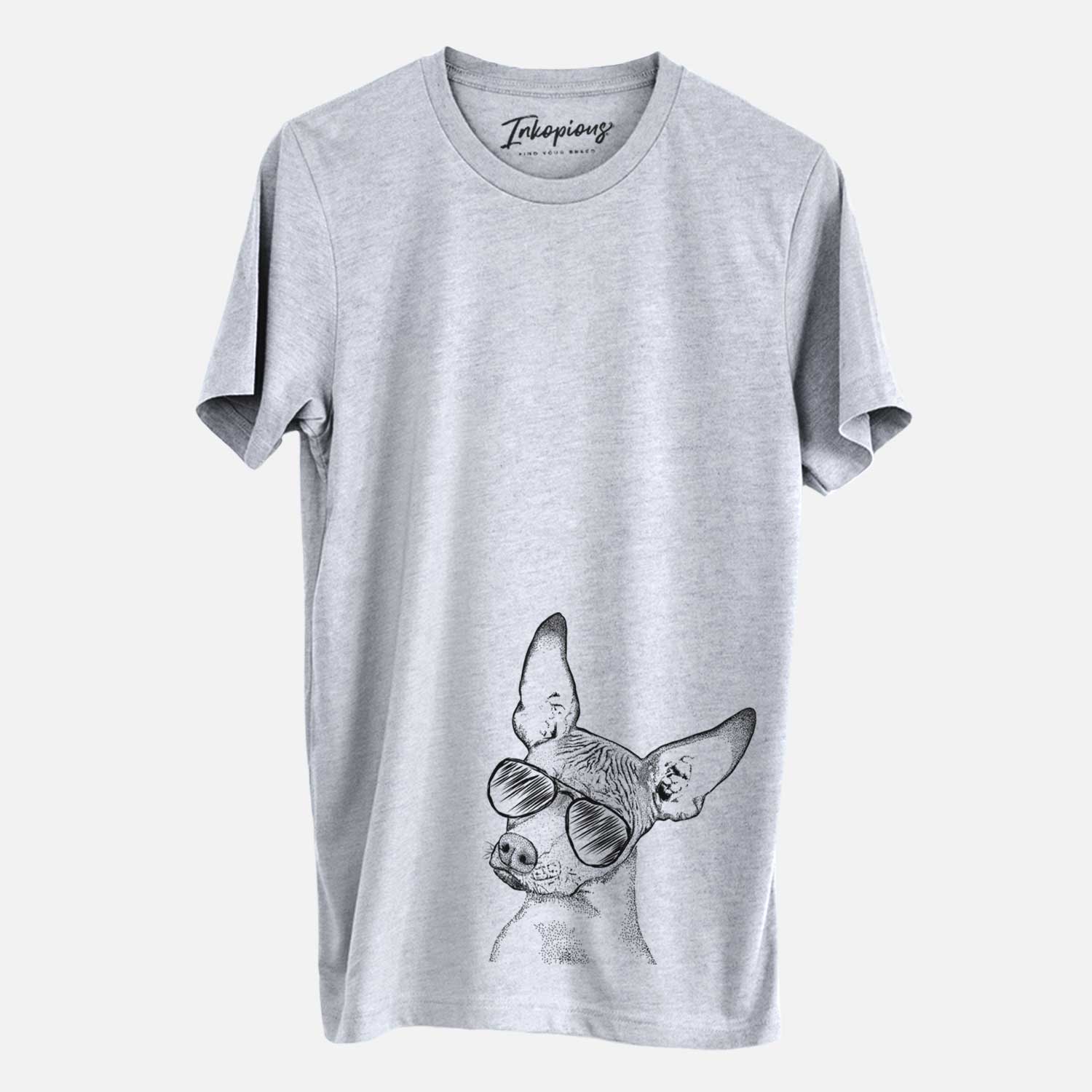 Hand-drawn sketch of Kahlo the Xoloitzcuintli wearing aviator sunglasses on a Grey Unisex crewneck