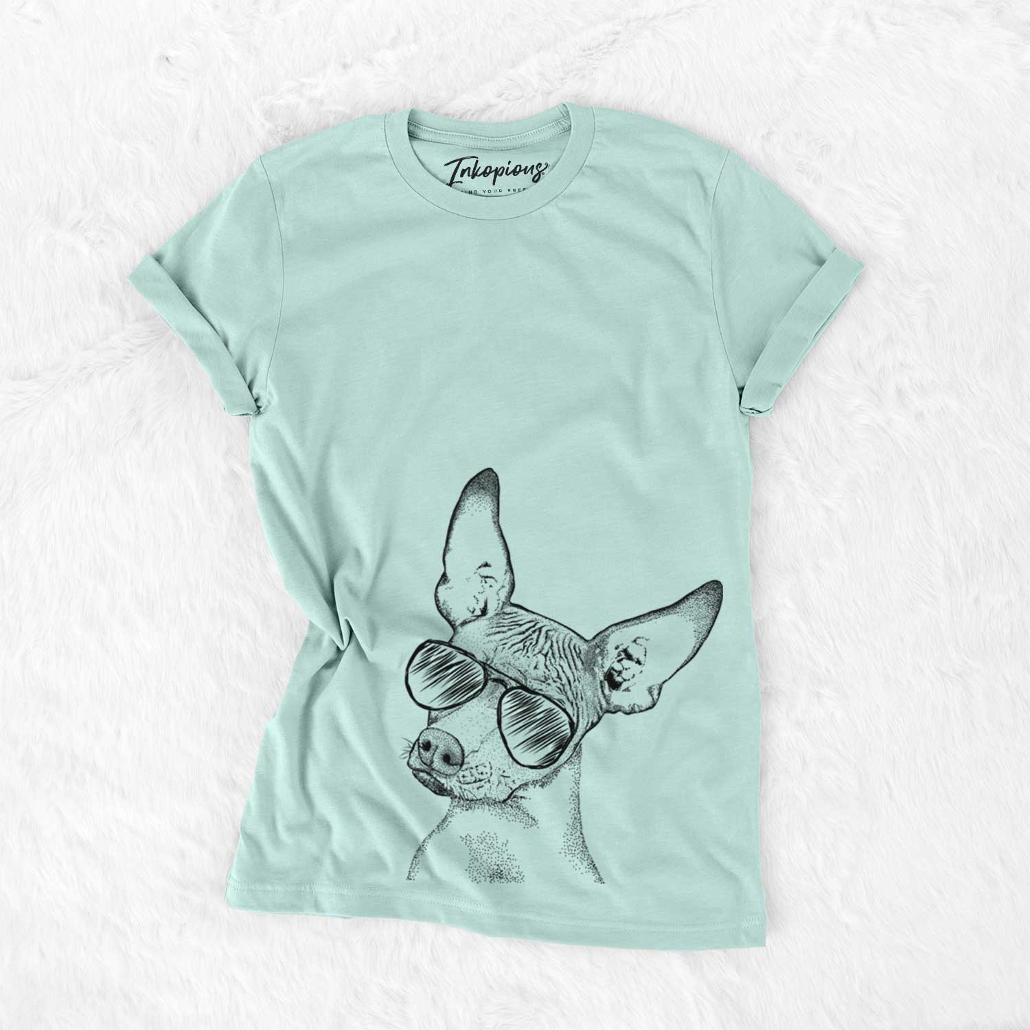 Hand-drawn sketch of Kahlo the Xoloitzcuintli wearing aviator sunglasses on a Heather Sage Unisex crewneck