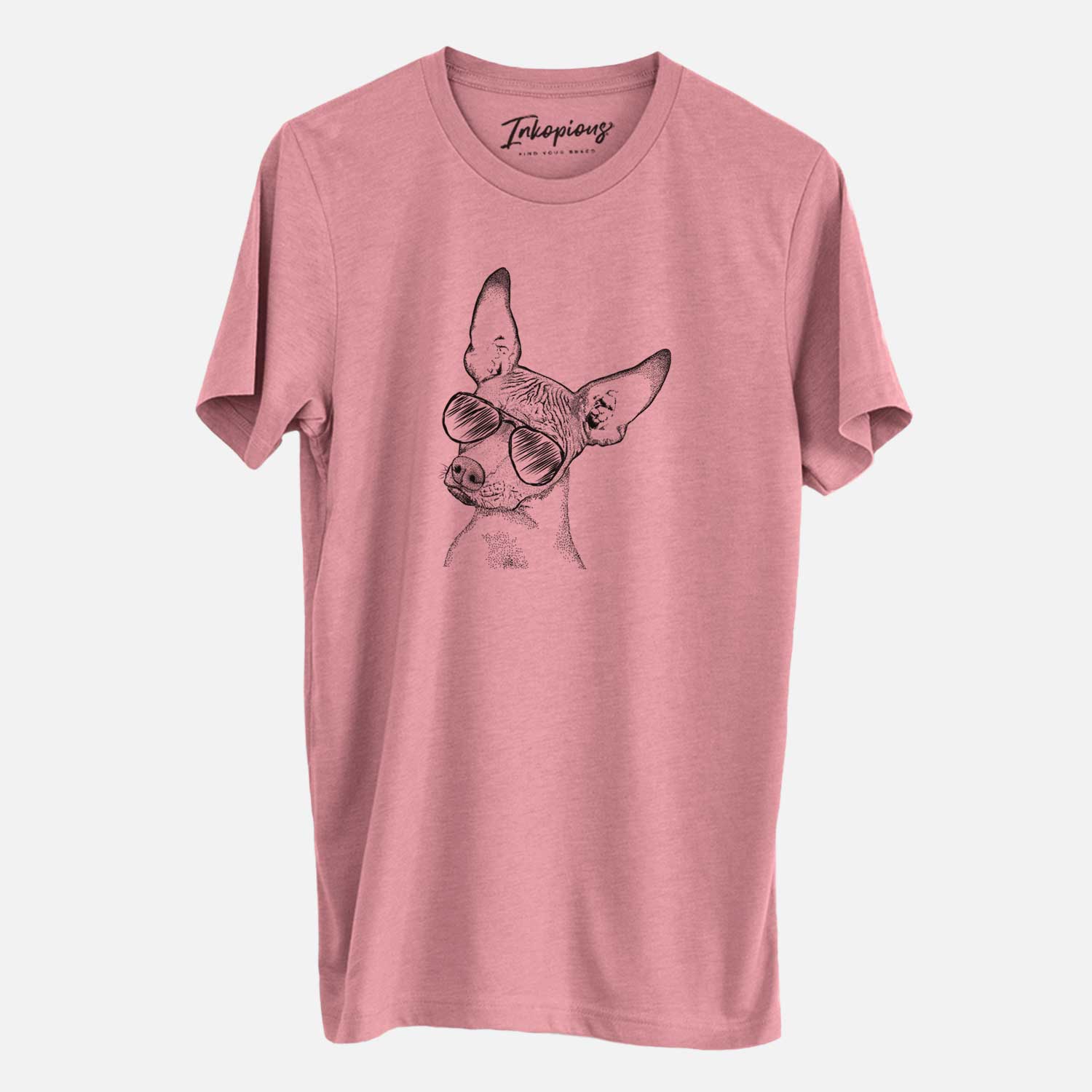 Hand-drawn sketch of Kahlo the Xoloitzcuintli wearing aviator sunglasses on a Mauve Unisex crewneck
