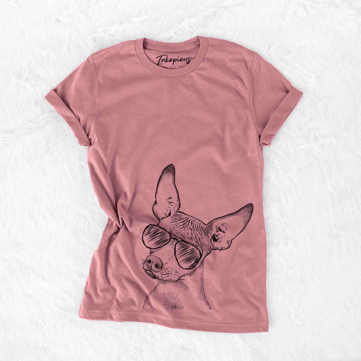 Hand-drawn sketch of Kahlo the Xoloitzcuintli wearing aviator sunglasses on a Mauve Unisex crewneck