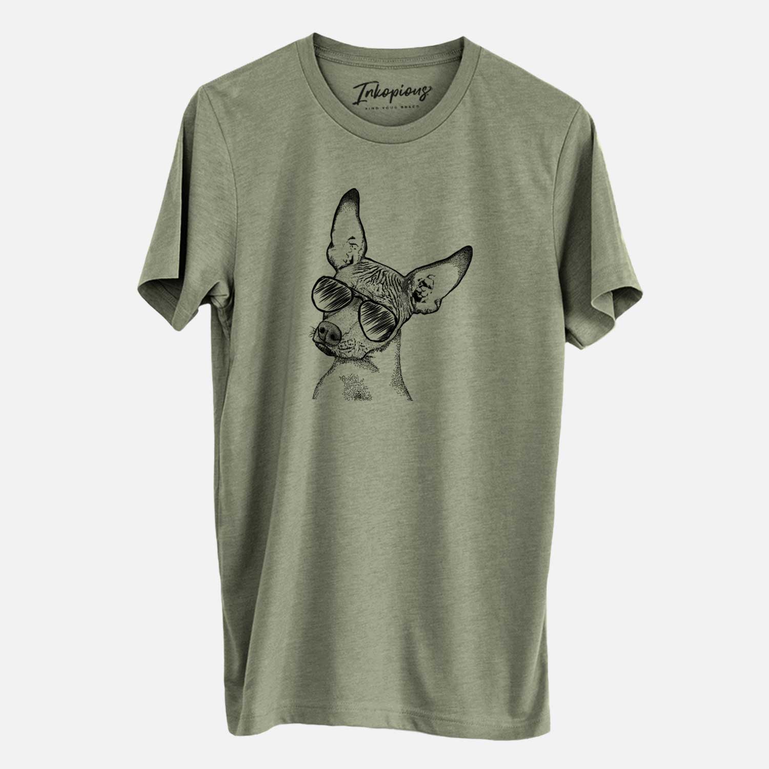 Hand-drawn sketch of Kahlo the Xoloitzcuintli wearing aviator sunglasses on an Olive Unisex crewneck