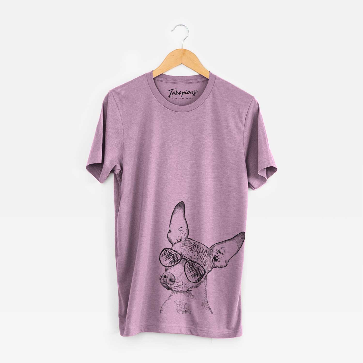 Hand-drawn sketch of Kahlo the Xoloitzcuintli wearing aviator sunglasses on an Orchid Unisex crewneck