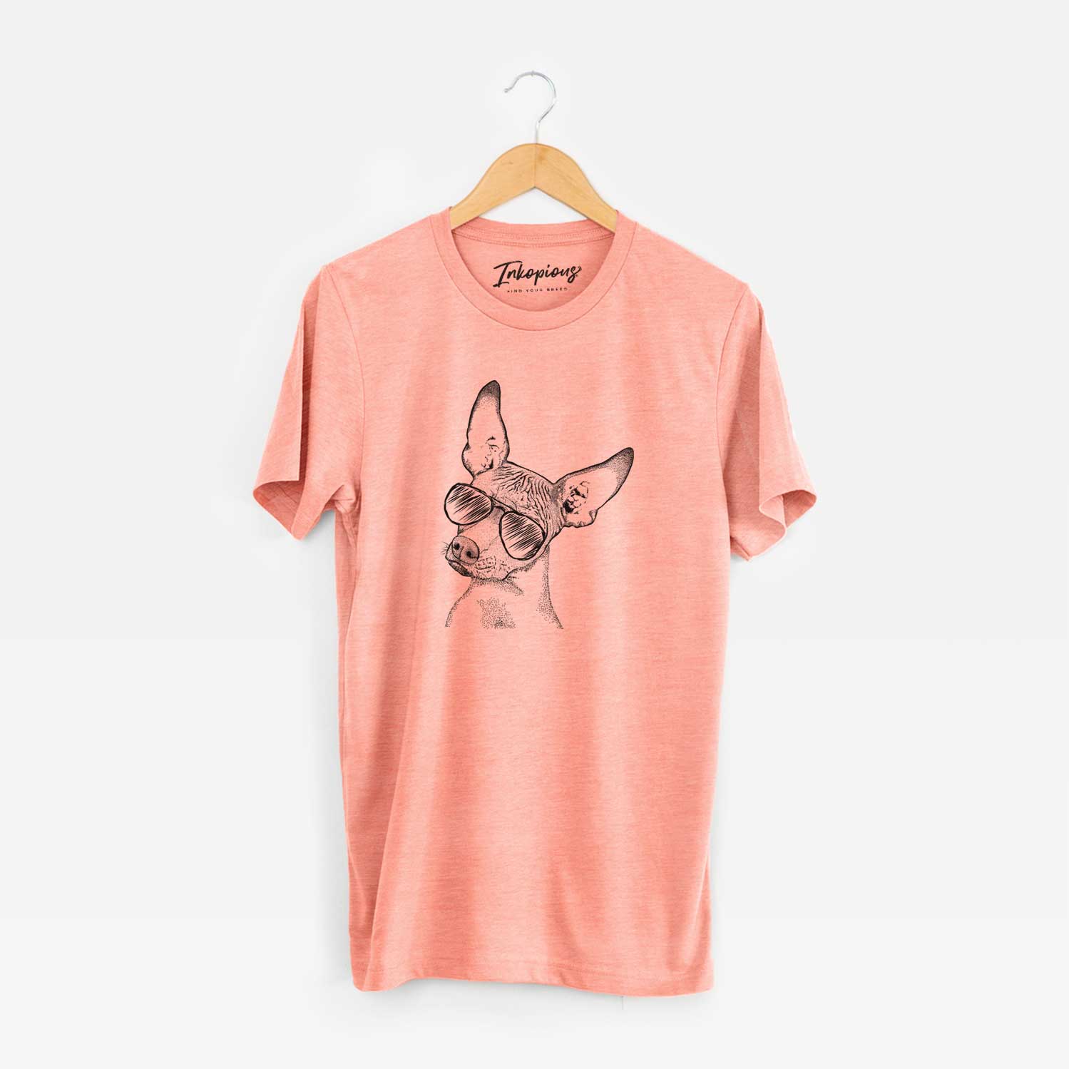 Hand-drawn sketch of Kahlo the Xoloitzcuintli wearing aviator sunglasses on a Sunset Unisex crewneck