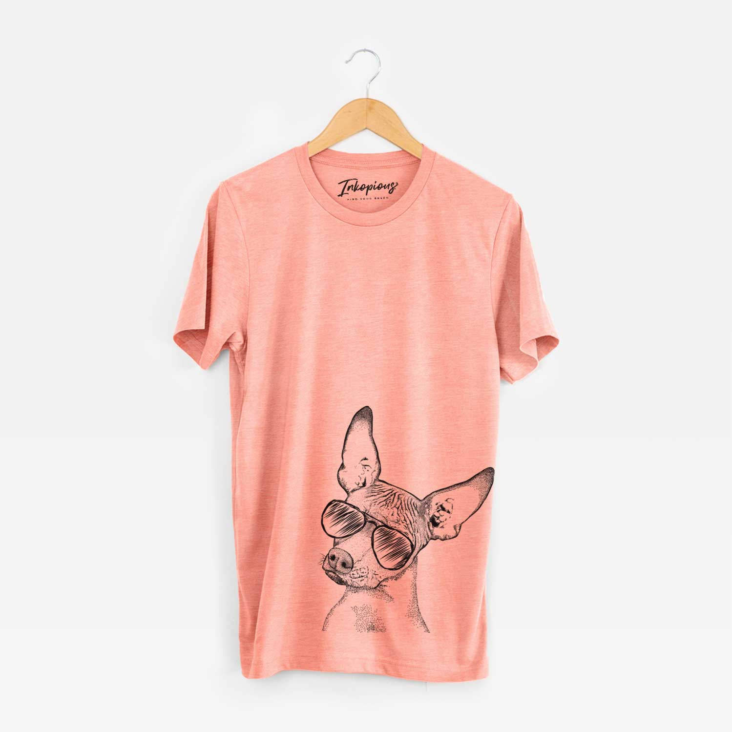 Hand-drawn sketch of Kahlo the Xoloitzcuintli wearing aviator sunglasses on a Sunset Unisex crewneck