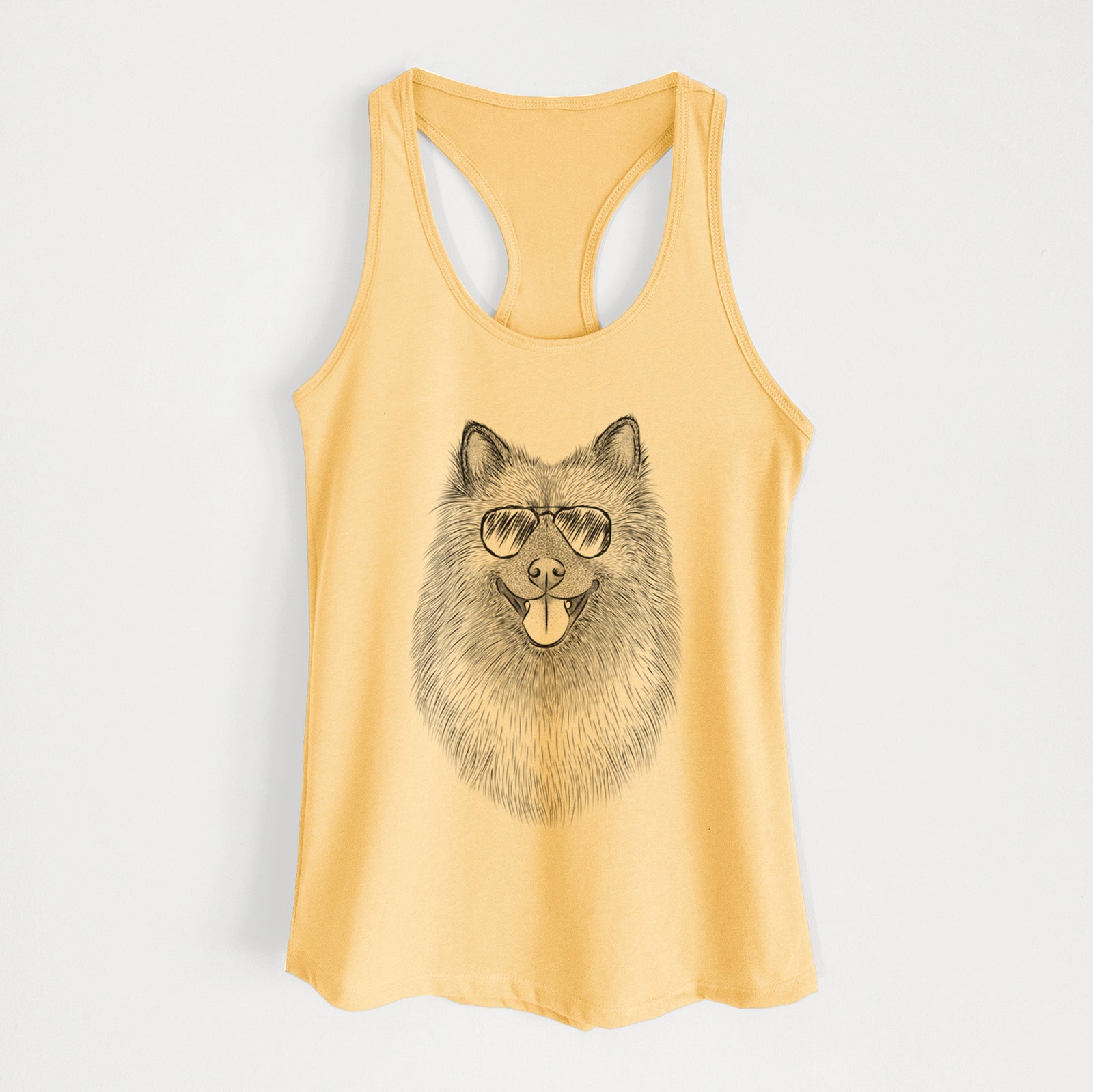 Hand-drawn sketch of Kai the Keeshond wearing aviator sunglasses on a Banana Cream Women's racerback tanktop