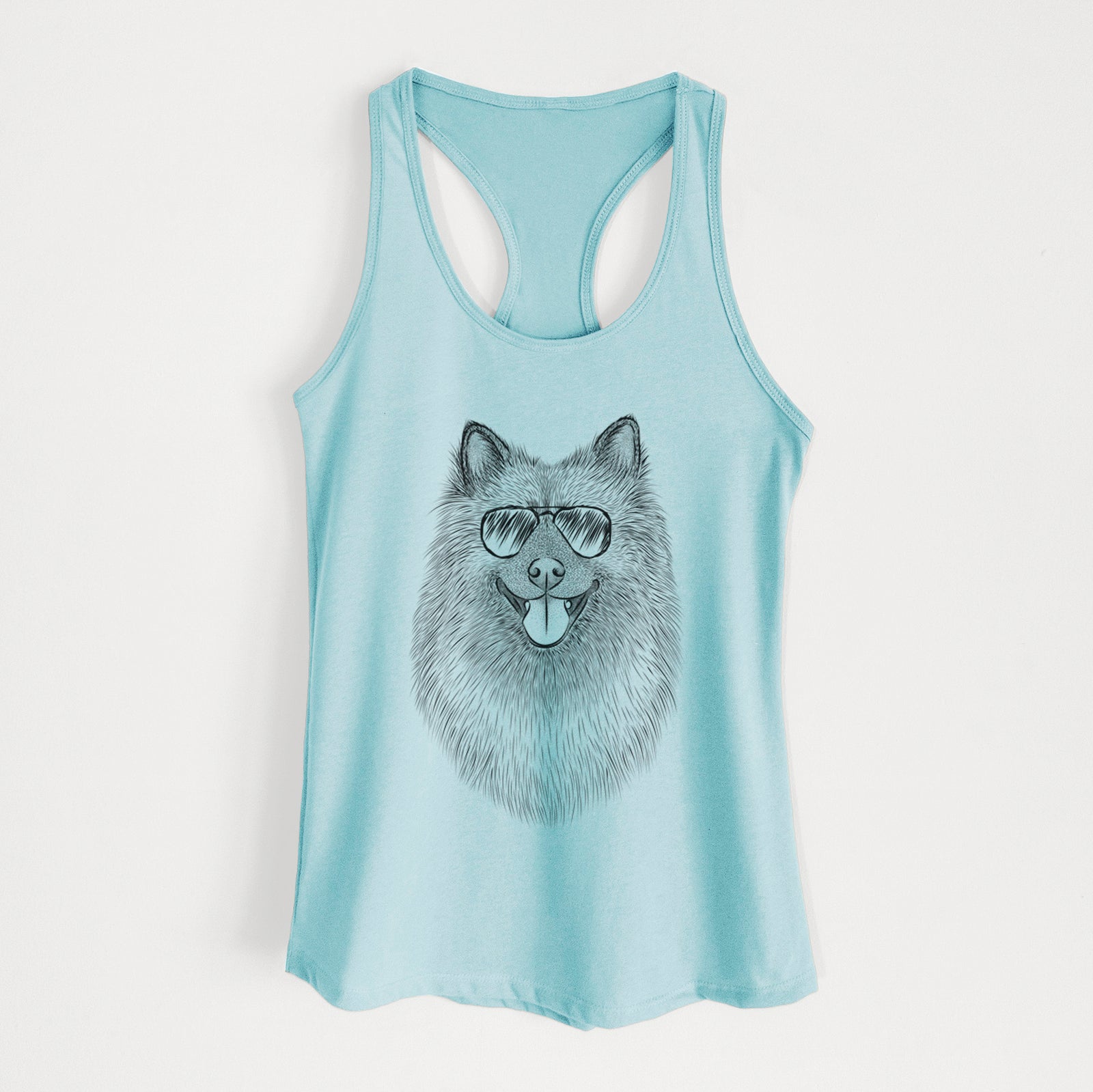 Hand-drawn sketch of Kai the Keeshond wearing aviator sunglasses on a Cancun Blue Women's racerback tanktop