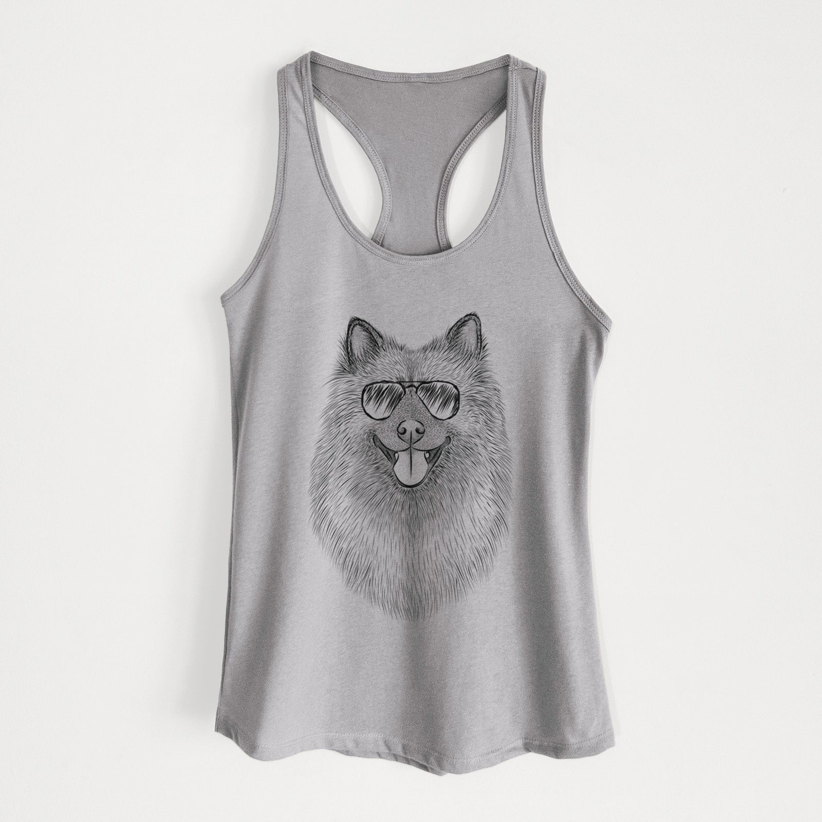 Hand-drawn sketch of Kai the Keeshond wearing aviator sunglasses on a Heather Grey Women's racerback tanktop