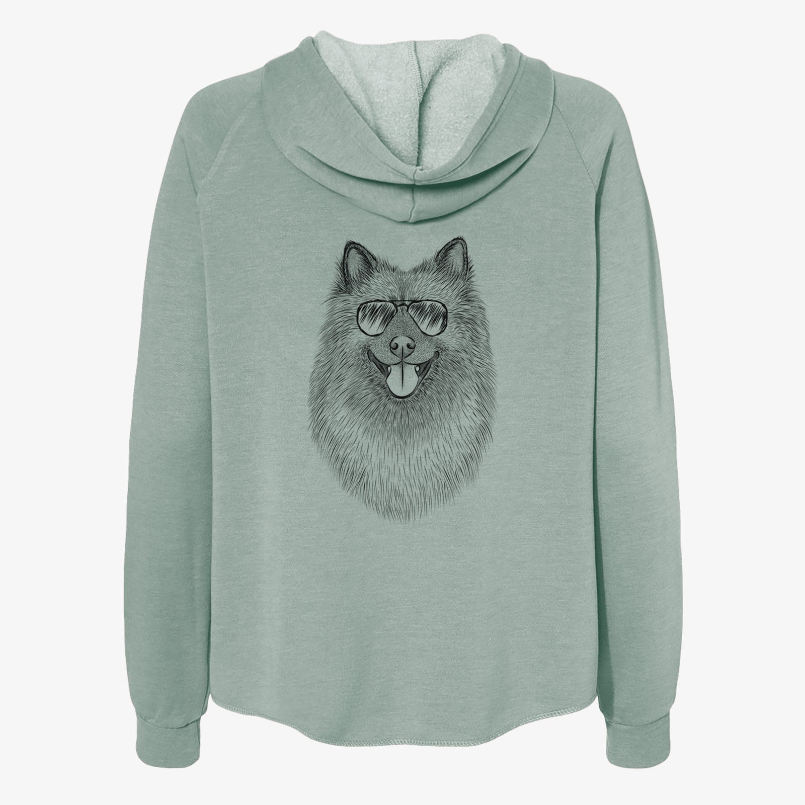 Hand-drawn sketch of Kai the Keeshond wearing aviator sunglasses on a Sage Women's cali wave zip-up sweatshirt