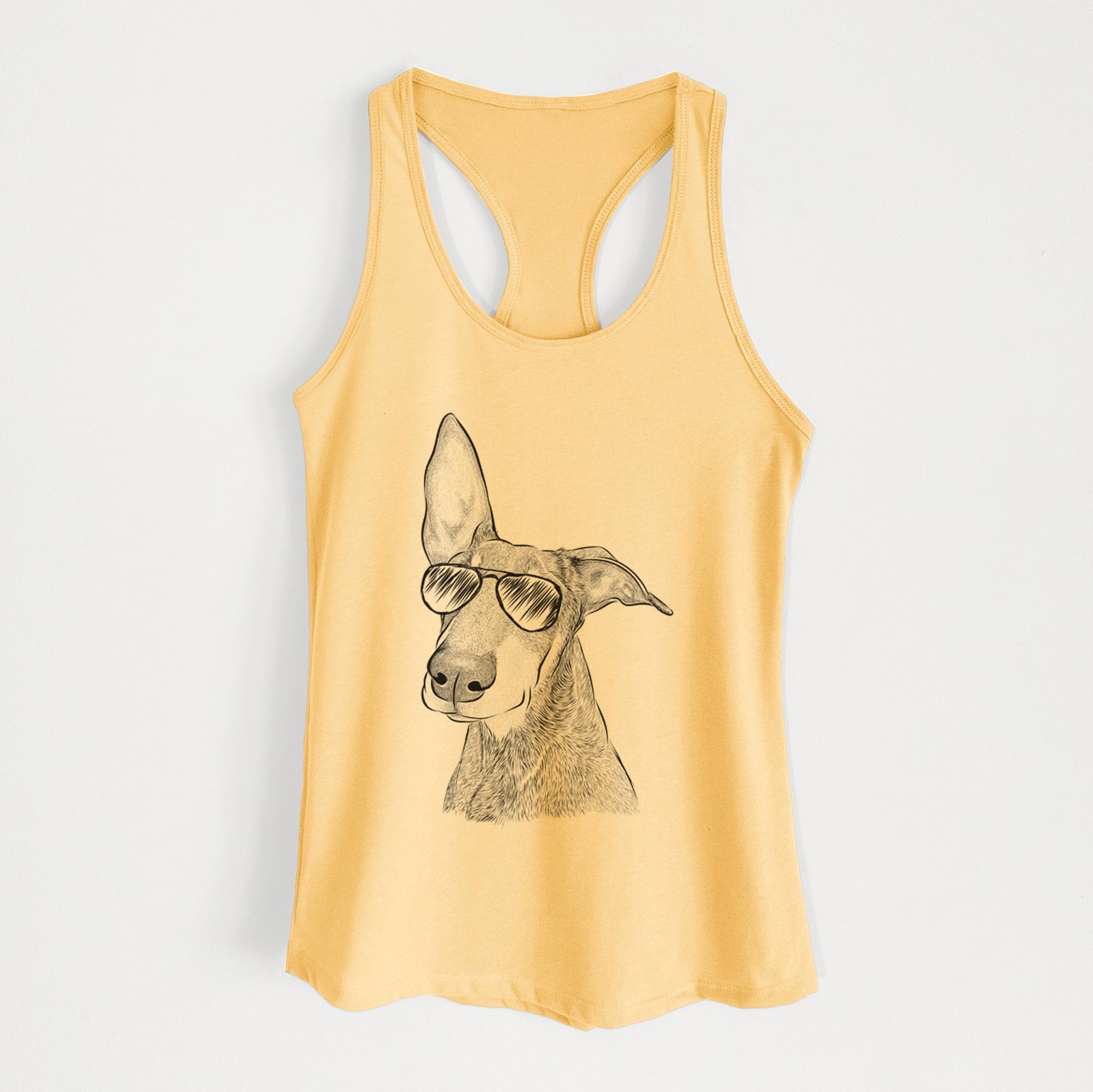 Hand-drawn sketch of Kain the Doberman Pinscher wearing aviator sunglasses on a Banana Cream Women's racerback tanktop