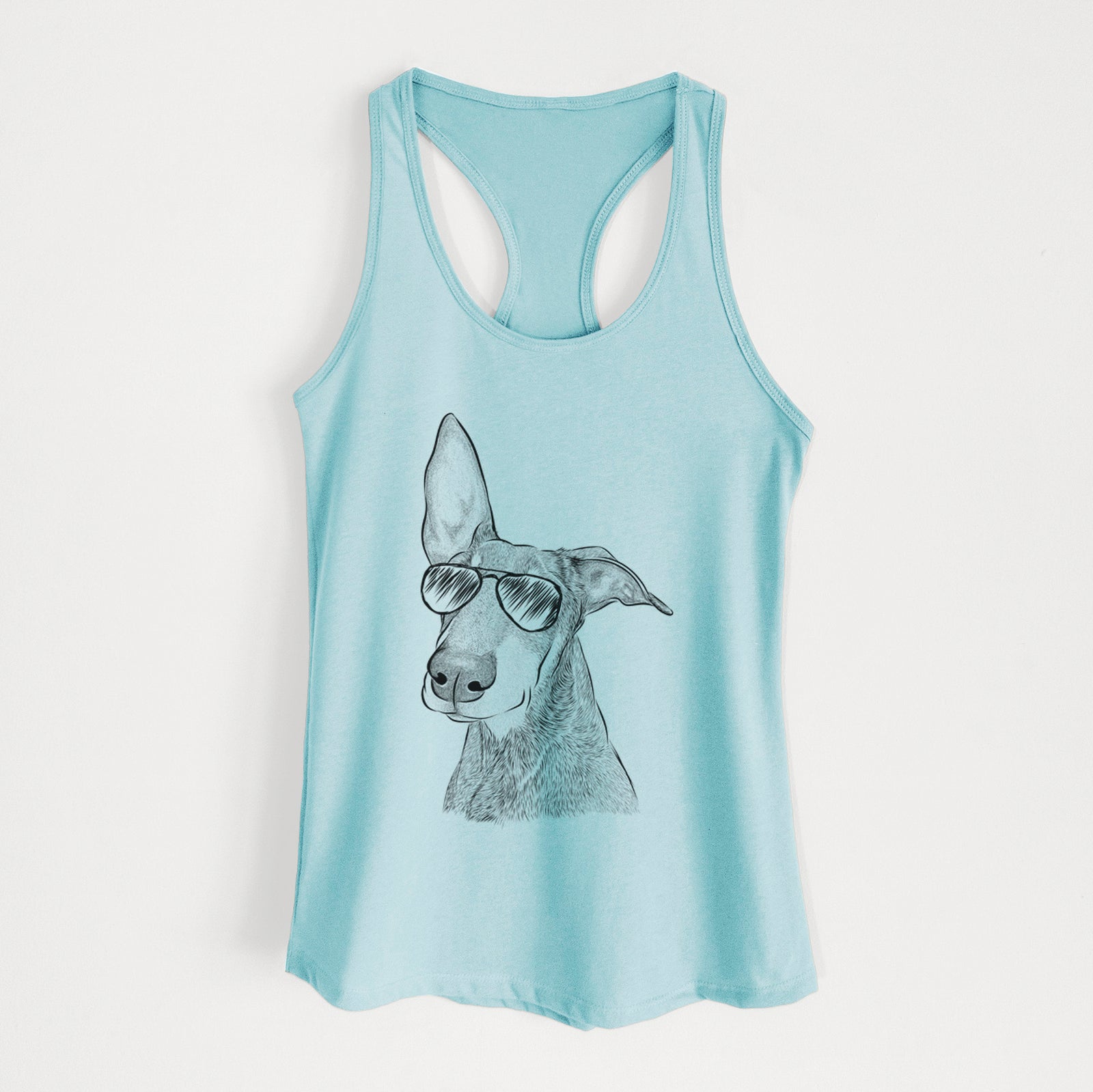 Hand-drawn sketch of Kain the Doberman Pinscher wearing aviator sunglasses on a Cancun Blue Women's racerback tanktop
