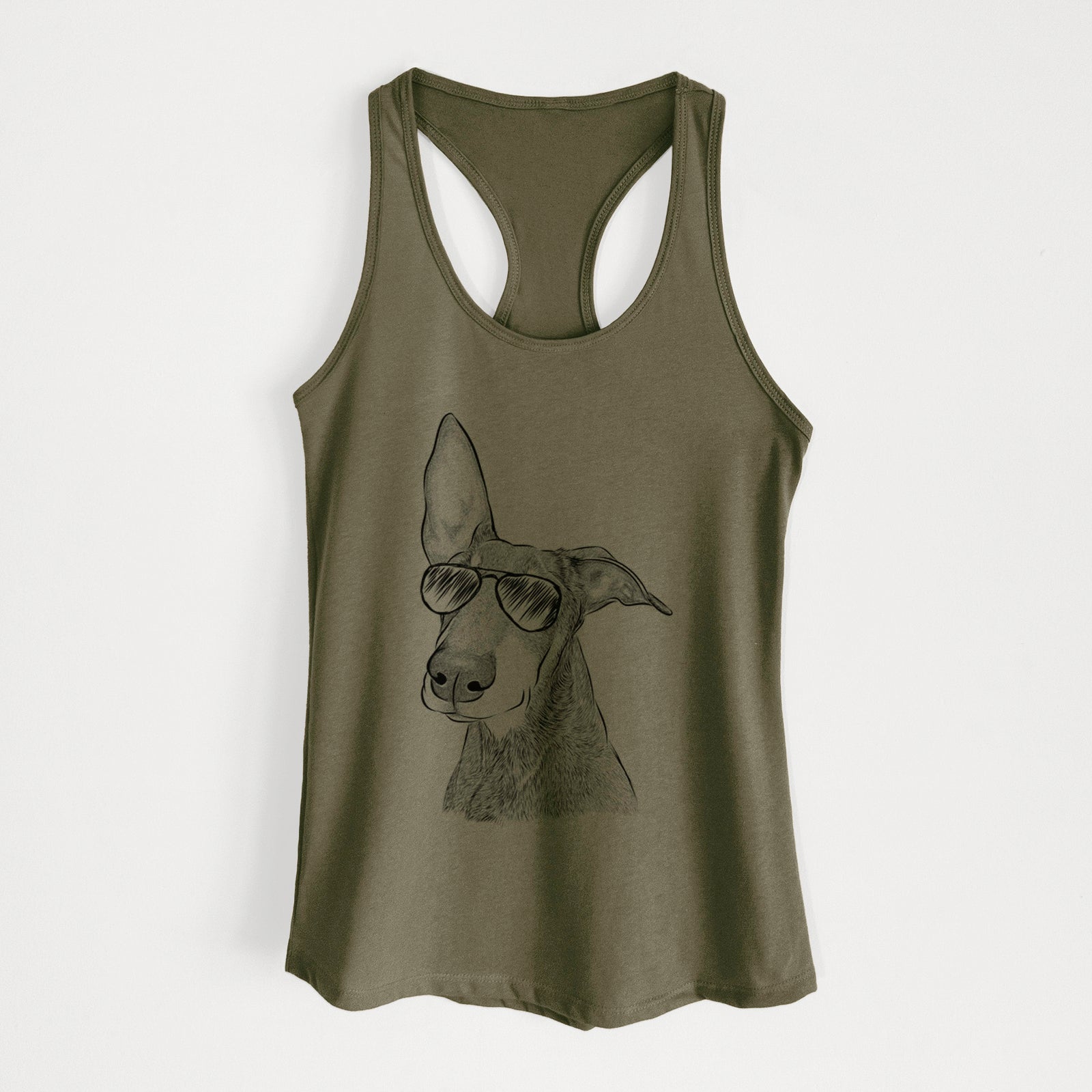 Hand-drawn sketch of Kain the Doberman Pinscher wearing aviator sunglasses on a Military Green Women's racerback tanktop