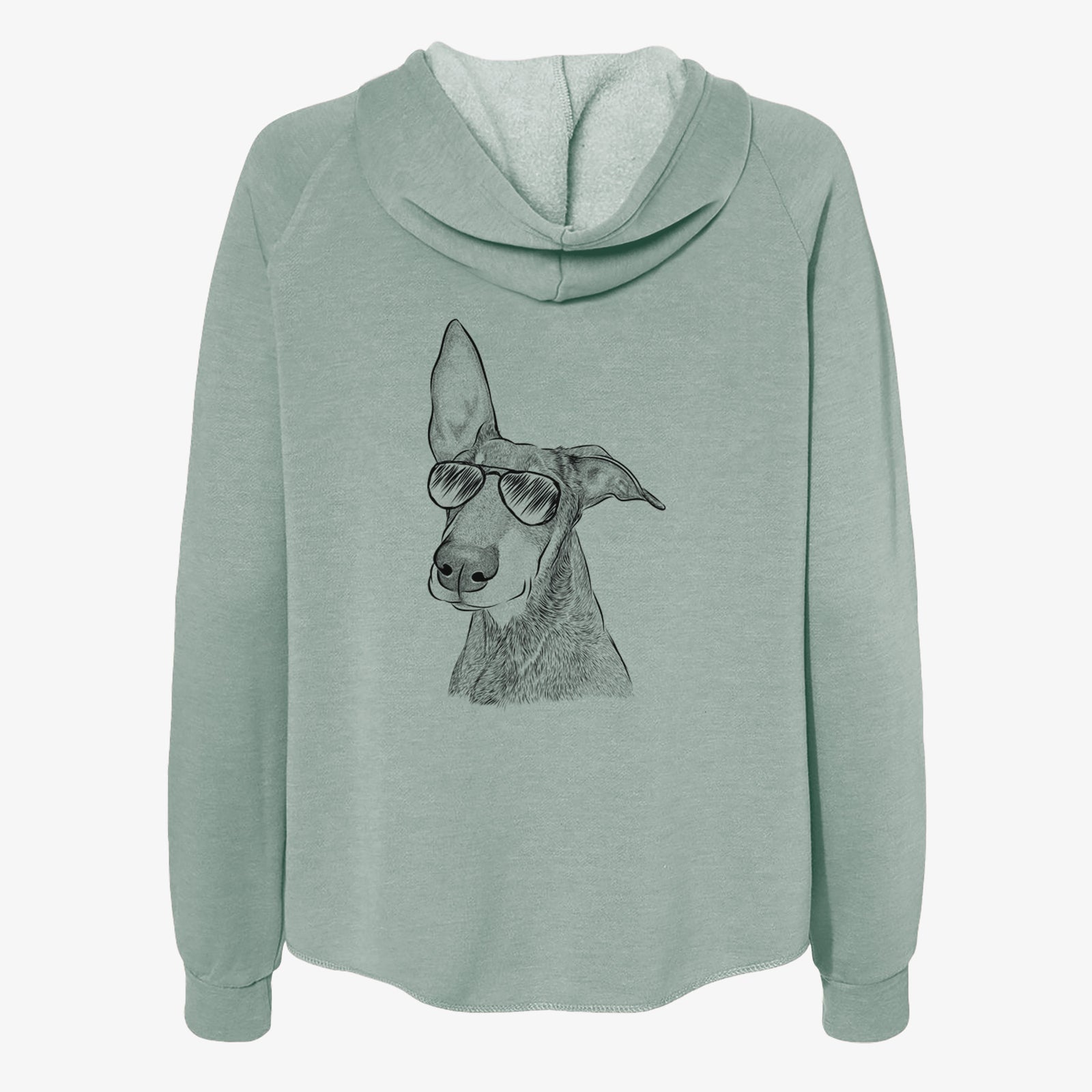 Hand-drawn sketch of Kain the Doberman Pinscher wearing aviator sunglasses on a Sage Women's cali wave zip-up sweatshirt