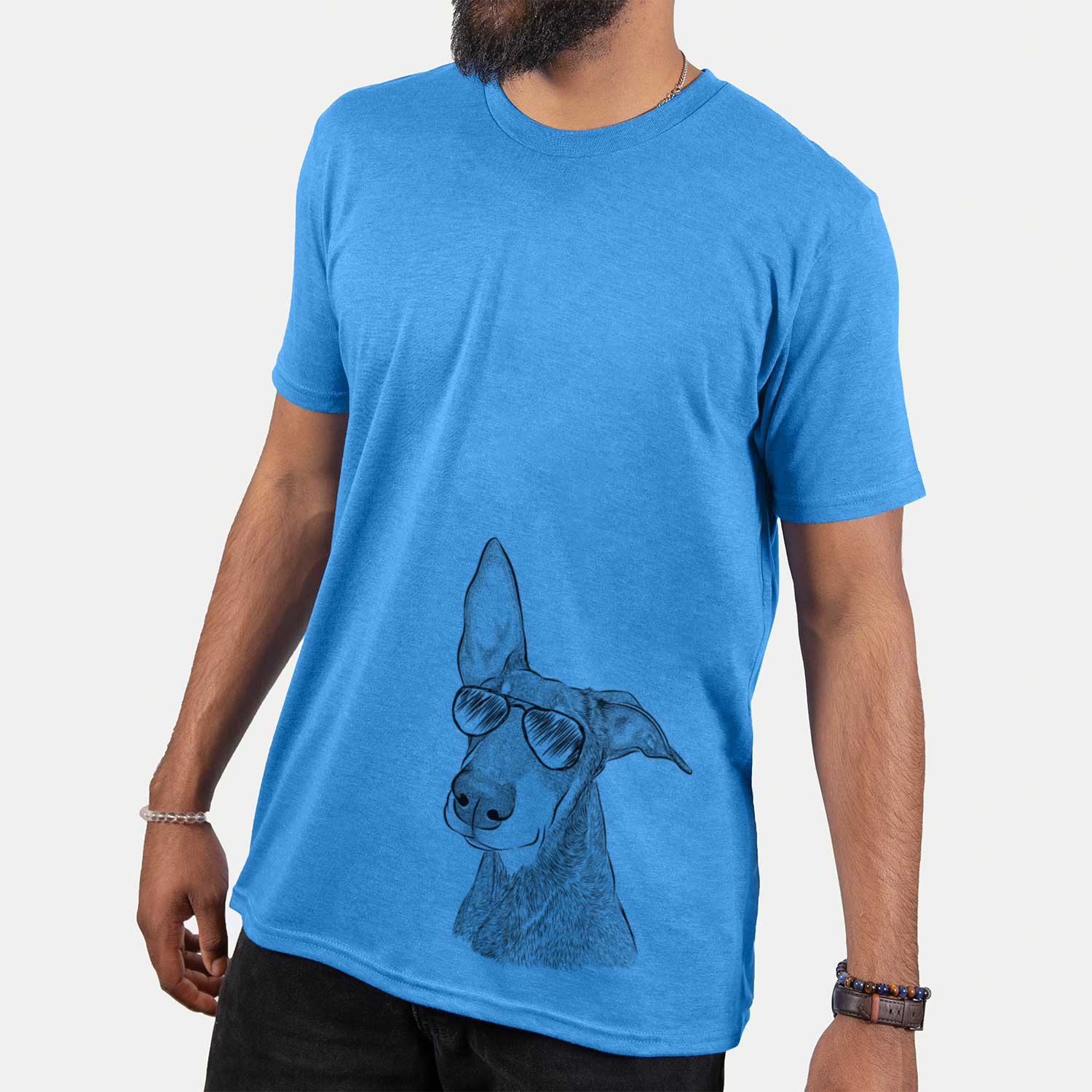 Hand-drawn sketch of Kain the Doberman Pinscher wearing aviator sunglasses on a Blue Unisex crewneck