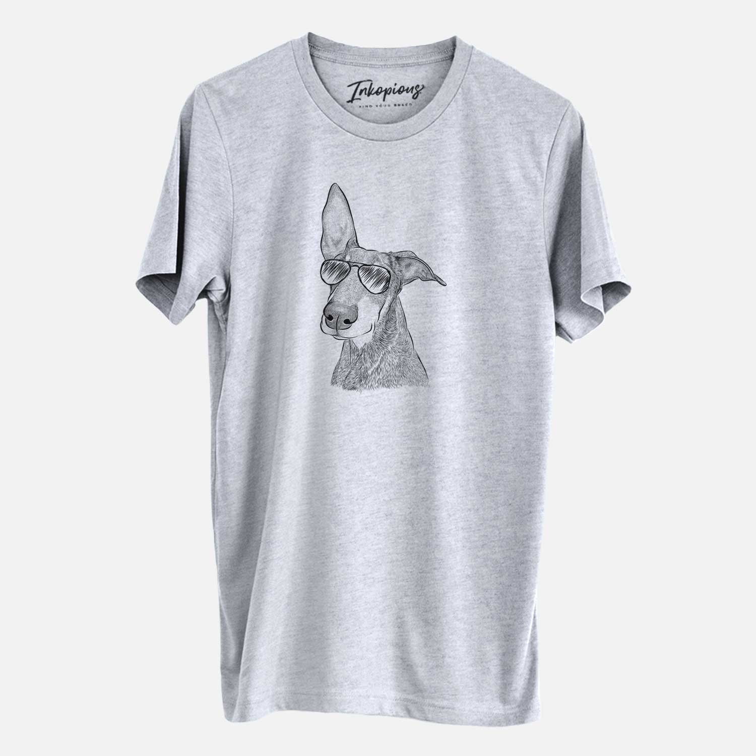 Hand-drawn sketch of Kain the Doberman Pinscher wearing aviator sunglasses on a Grey Unisex crewneck