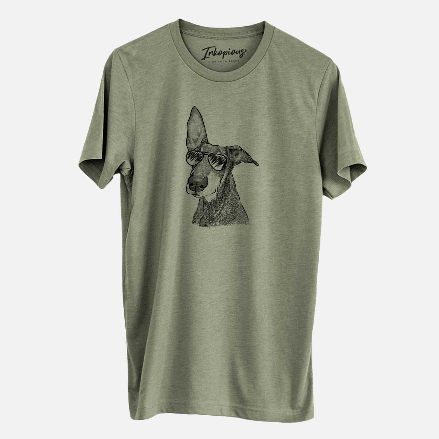 Hand-drawn sketch of Kain the Doberman Pinscher wearing aviator sunglasses on an Olive Unisex crewneck