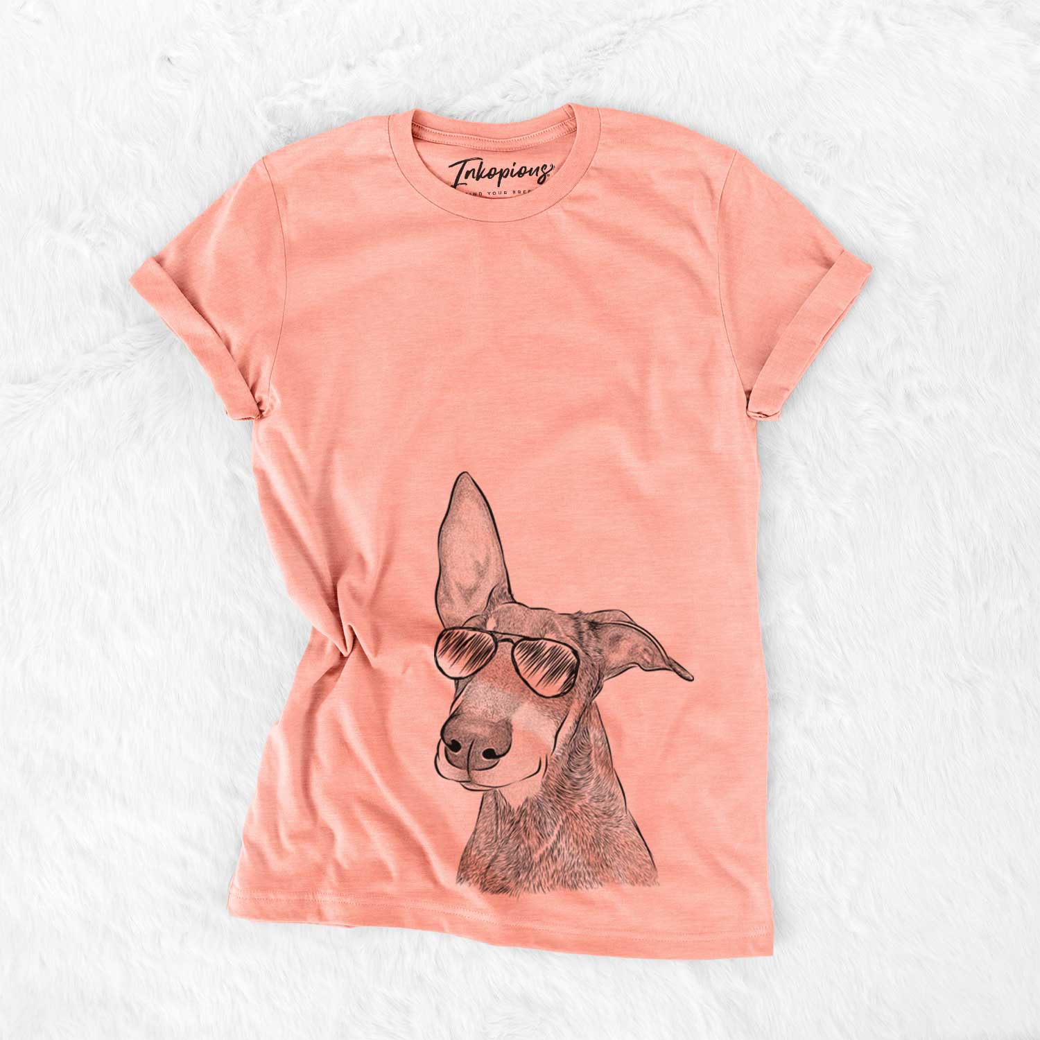 Hand-drawn sketch of Kain the Doberman Pinscher wearing aviator sunglasses on a Sunset Bella Canvas Unisex Crewneck