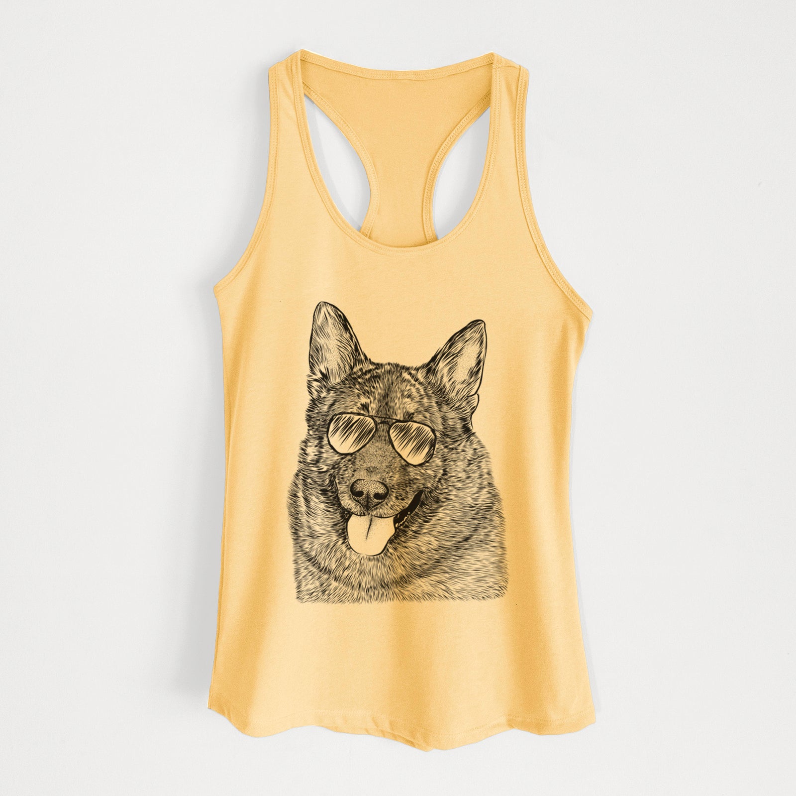 Hand-drawn sketch of Kasia the Norwegian Elkhound wearing aviator sunglasses on a Banana Cream Women's racerback tanktop