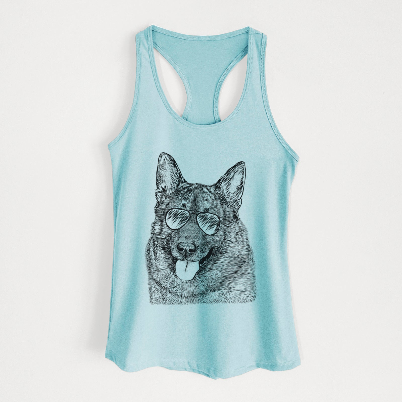 Hand-drawn sketch of Kasia the Norwegian Elkhound wearing aviator sunglasses on a Cancun Blue Women's racerback tanktop