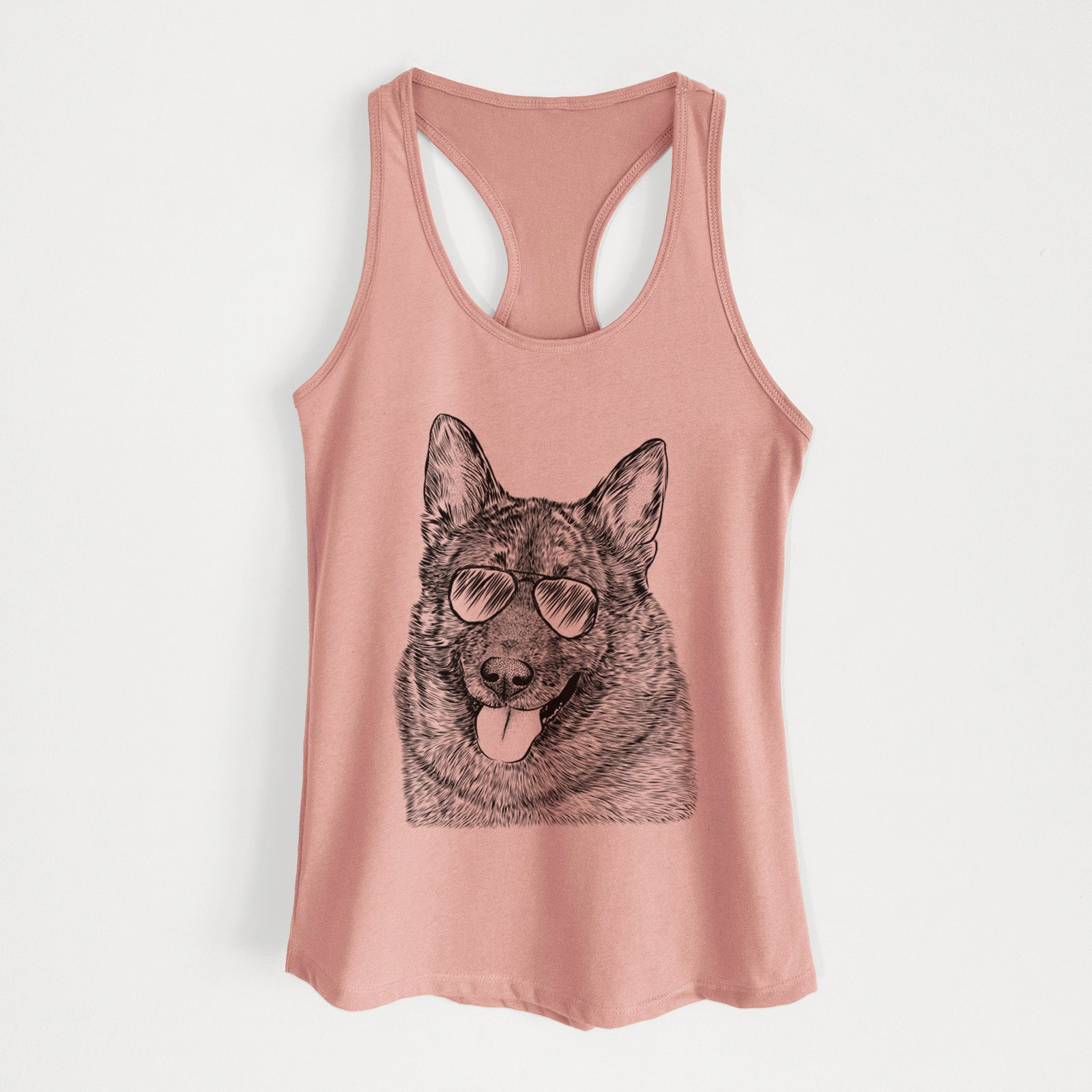 Hand-drawn sketch of Kasia the Norwegian Elkhound wearing aviator sunglasses on a Desert Pink Women's racerback tanktop