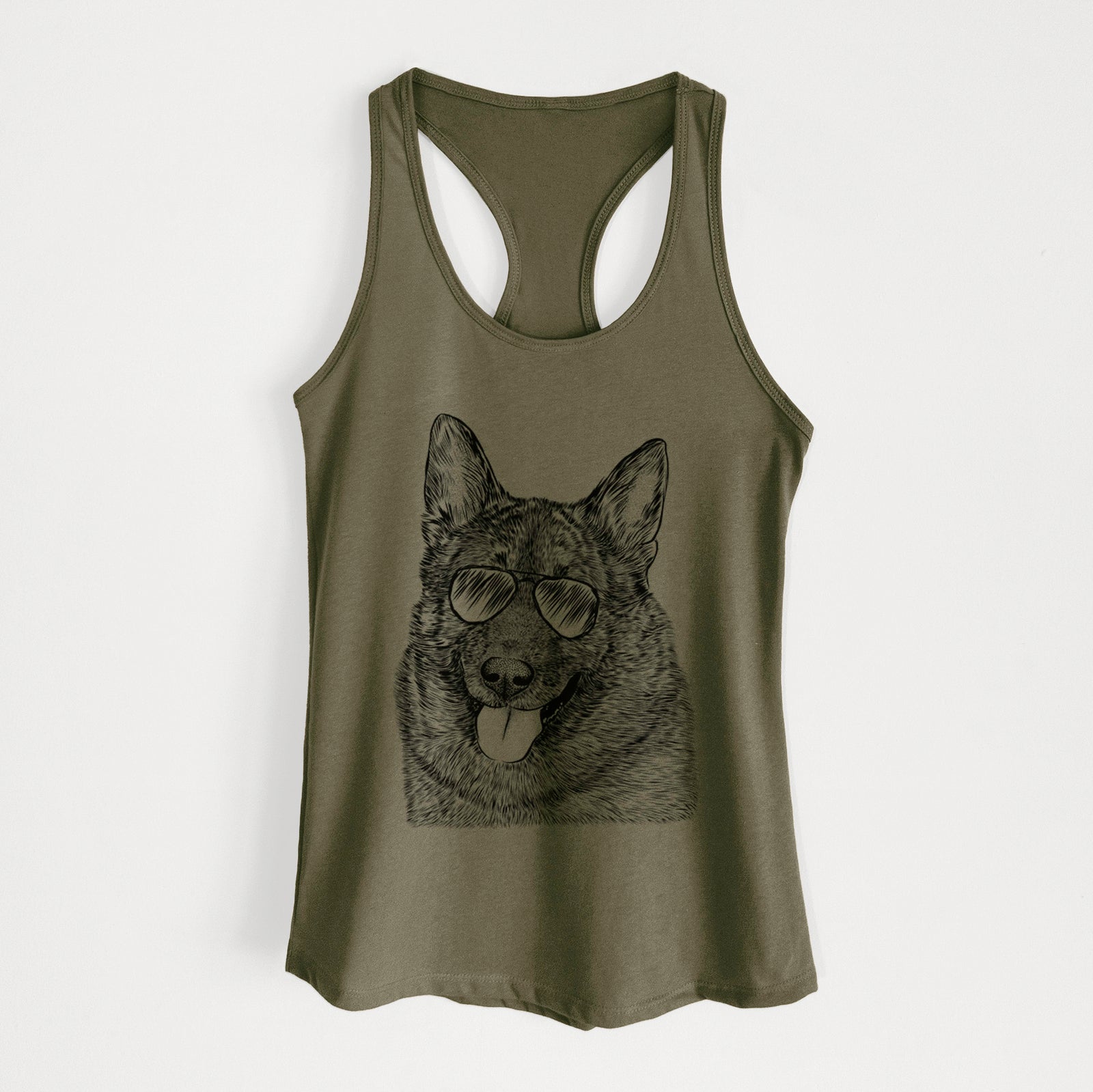 Hand-drawn sketch of Kasia the Norwegian Elkhound wearing aviator sunglasses on a Military Green Women's racerback tanktop
