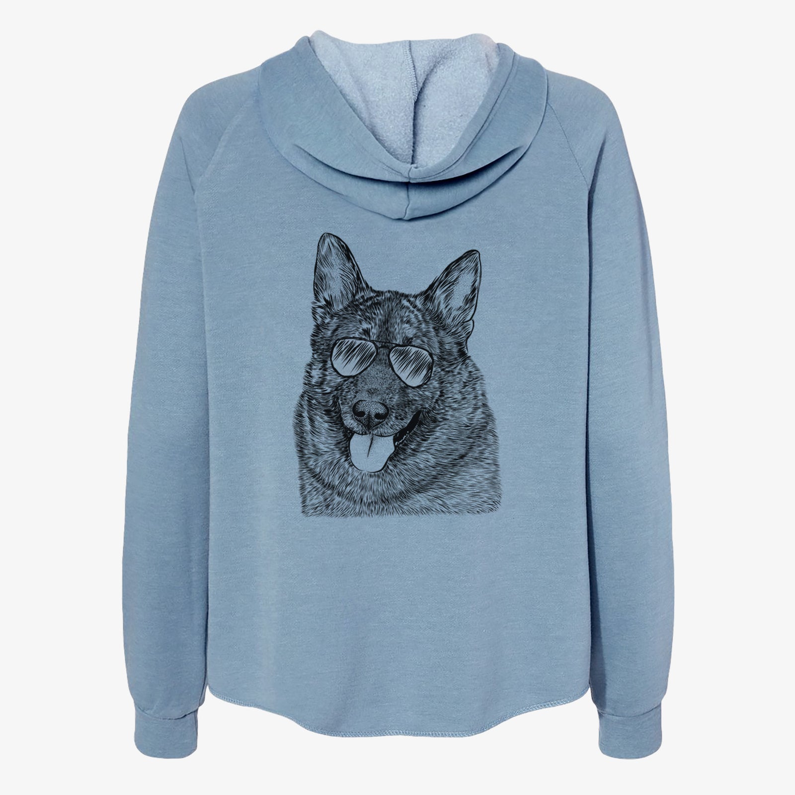 Hand-drawn sketch of Kasia the Norwegian Elkhound wearing aviator sunglasses on a Misty Blue Women's cali wave zip-up sweatshirt