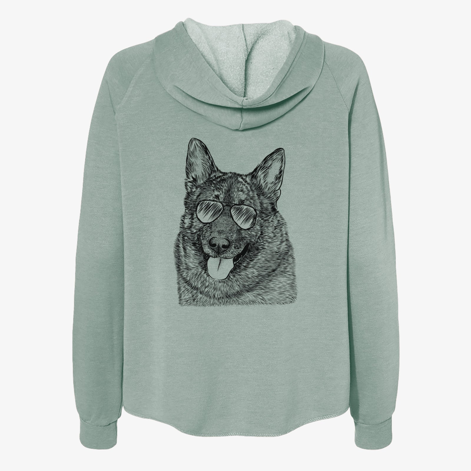 Hand-drawn sketch of Kasia the Norwegian Elkhound wearing aviator sunglasses on a Sage Women's cali wave zip-up sweatshirt