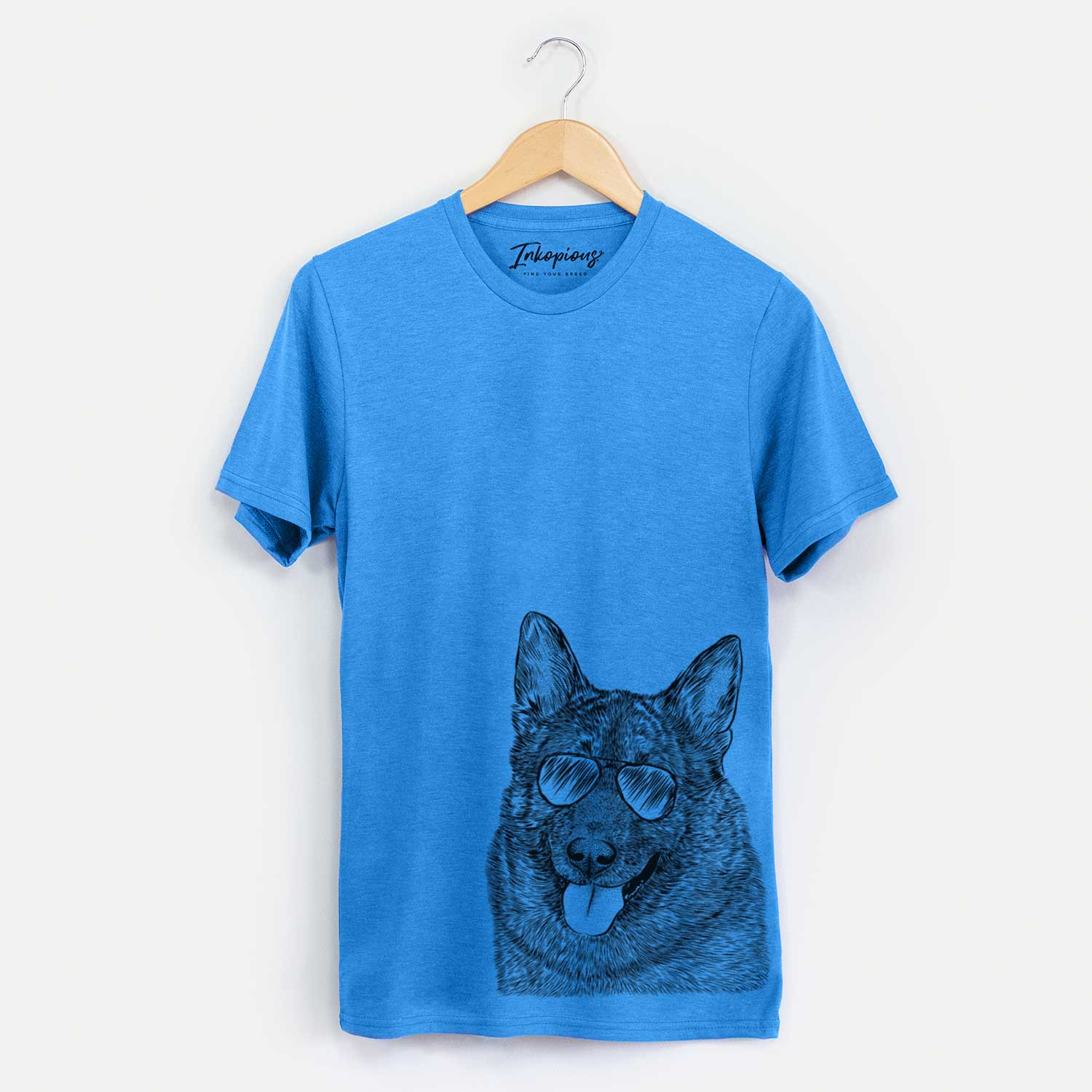 Hand-drawn sketch of Kasia the Norwegian Elkhound wearing aviator sunglasses on a Blue Unisex crewneck
