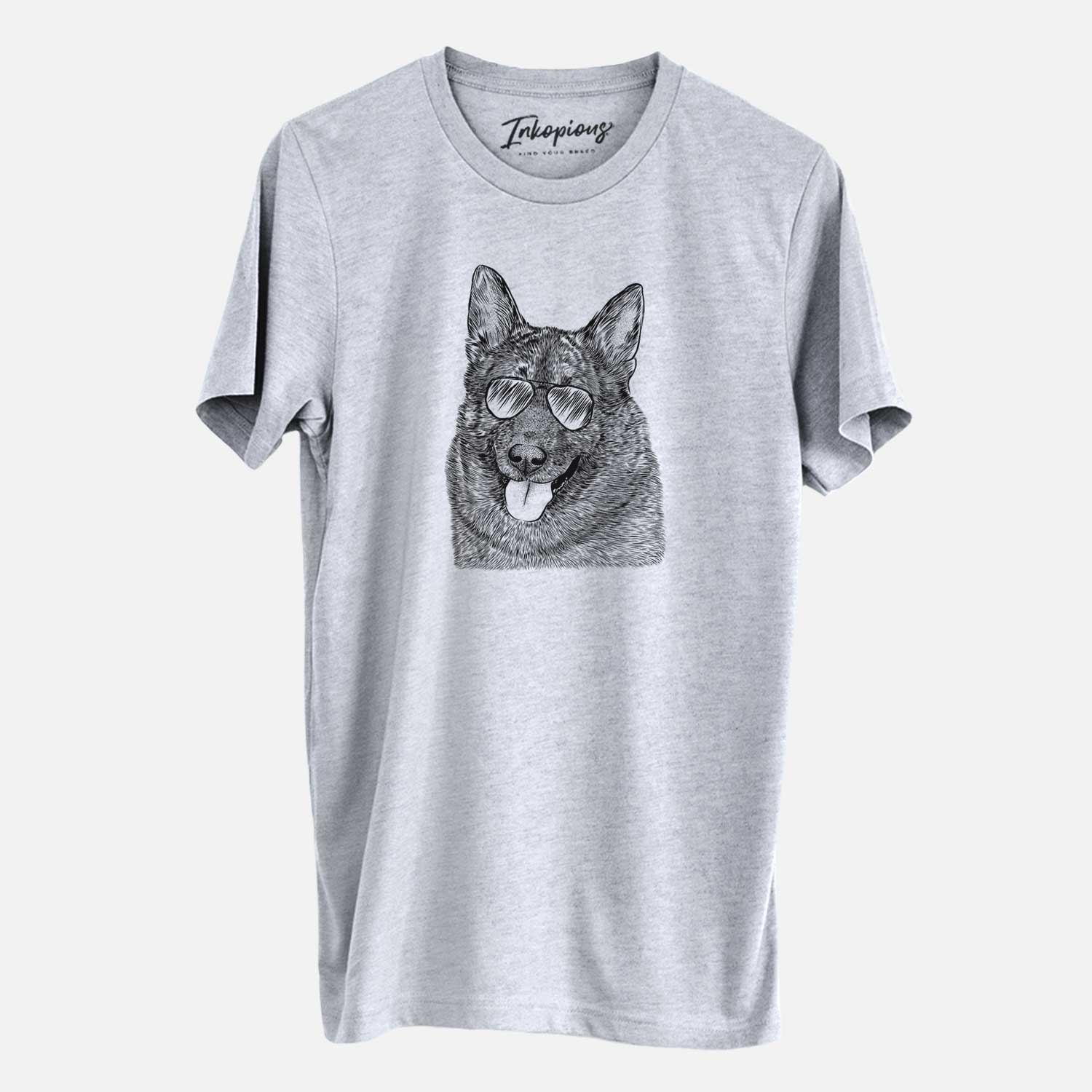 Hand-drawn sketch of Kasia the Norwegian Elkhound wearing aviator sunglasses on a Grey Unisex crewneck