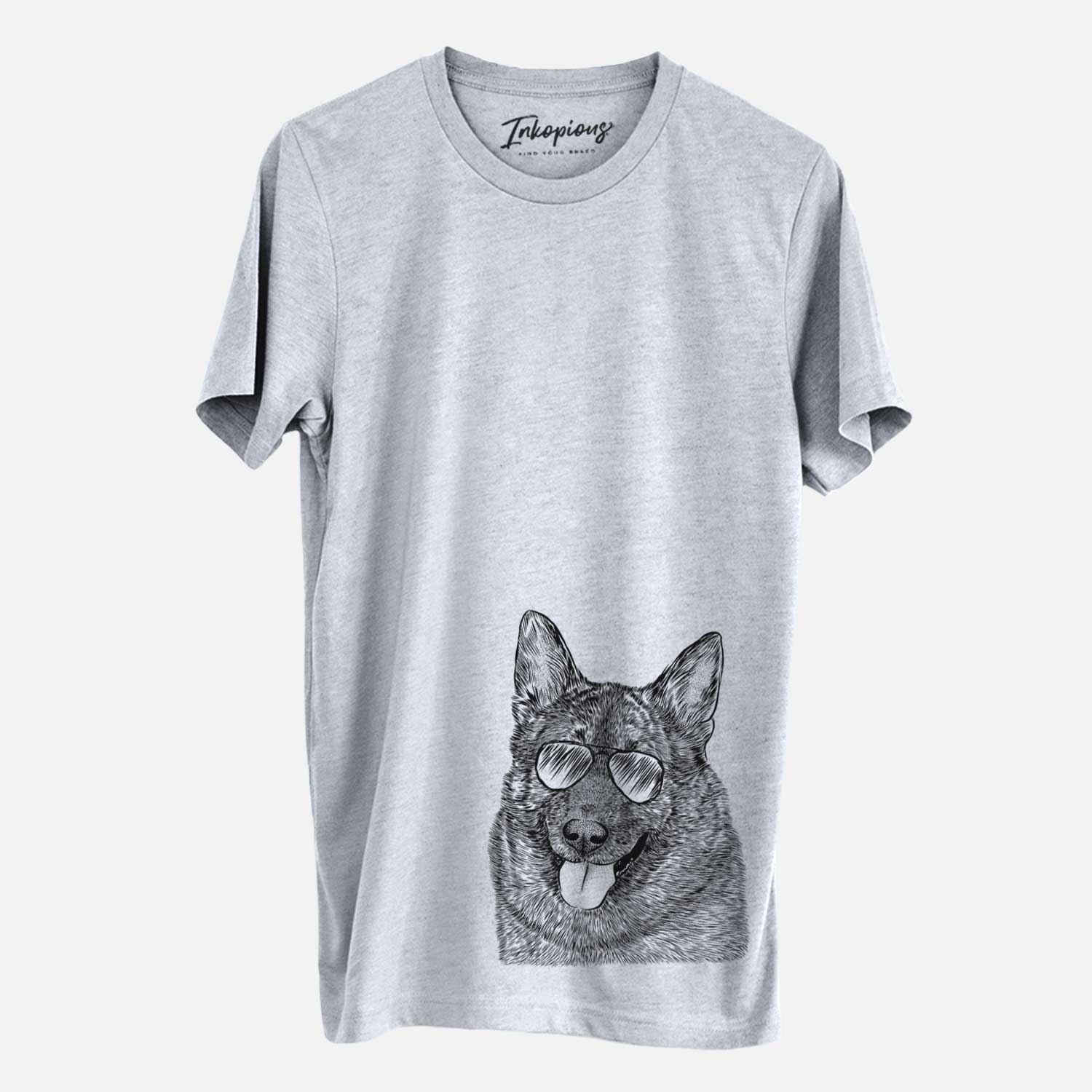 Hand-drawn sketch of Kasia the Norwegian Elkhound wearing aviator sunglasses on a Grey Unisex crewneck