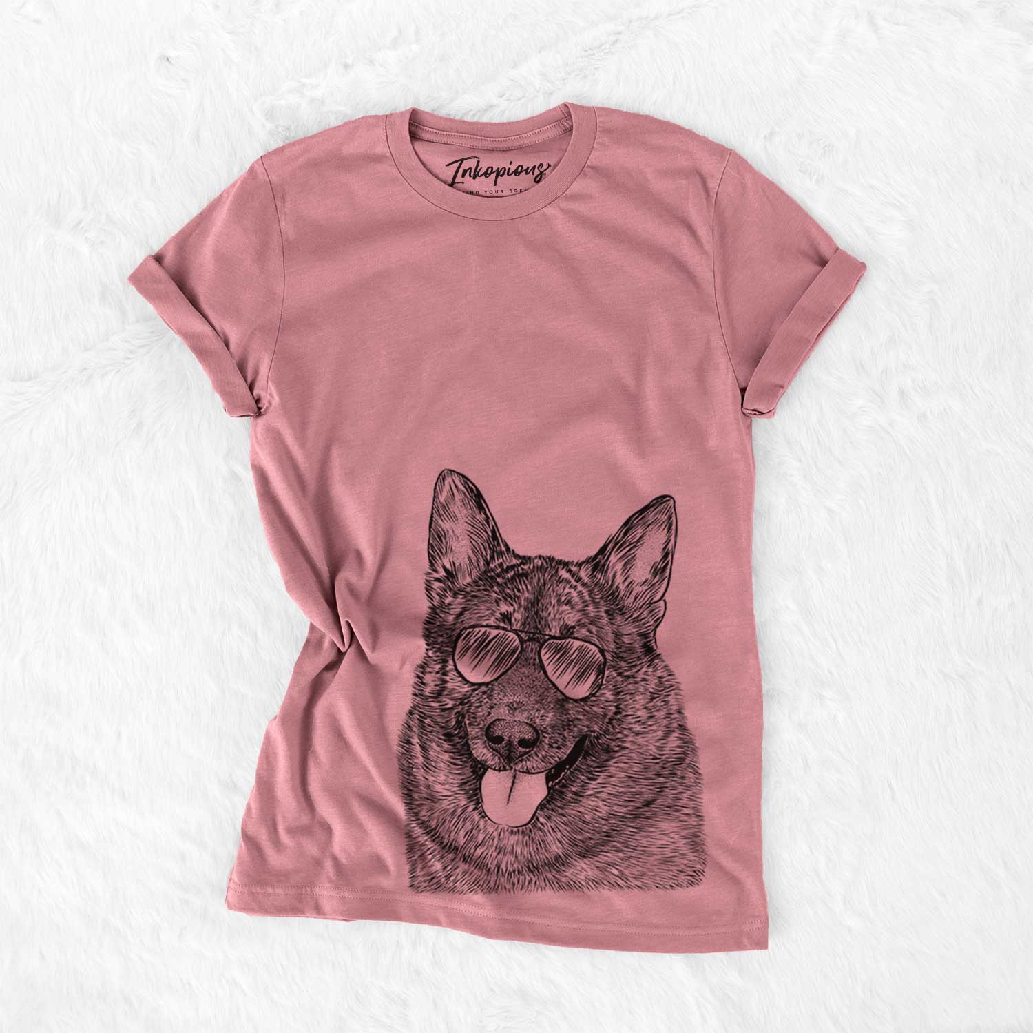 Hand-drawn sketch of Kasia the Norwegian Elkhound wearing aviator sunglasses on a Mauve Bella Canvas Unisex Crewneck