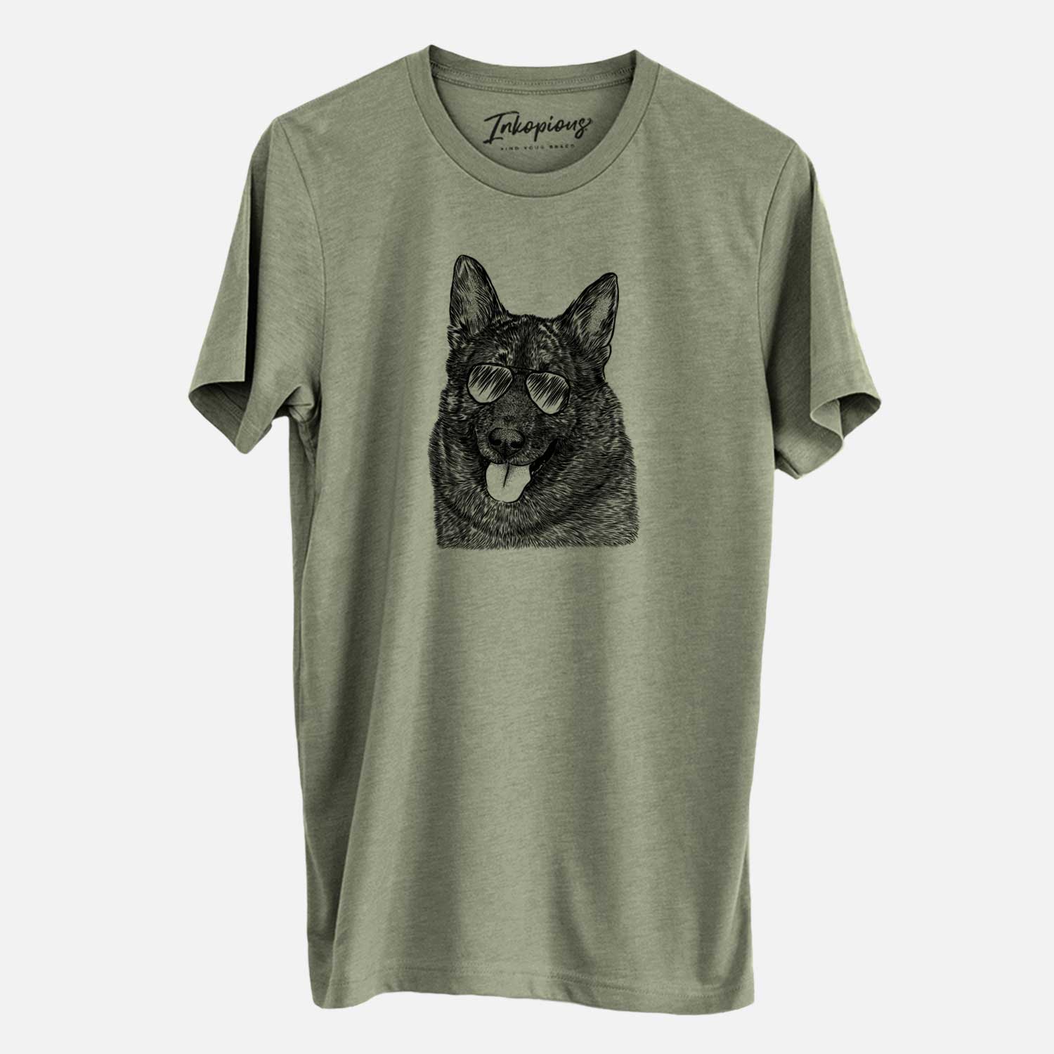 Hand-drawn sketch of Kasia the Norwegian Elkhound wearing aviator sunglasses on an Olive Unisex crewneck